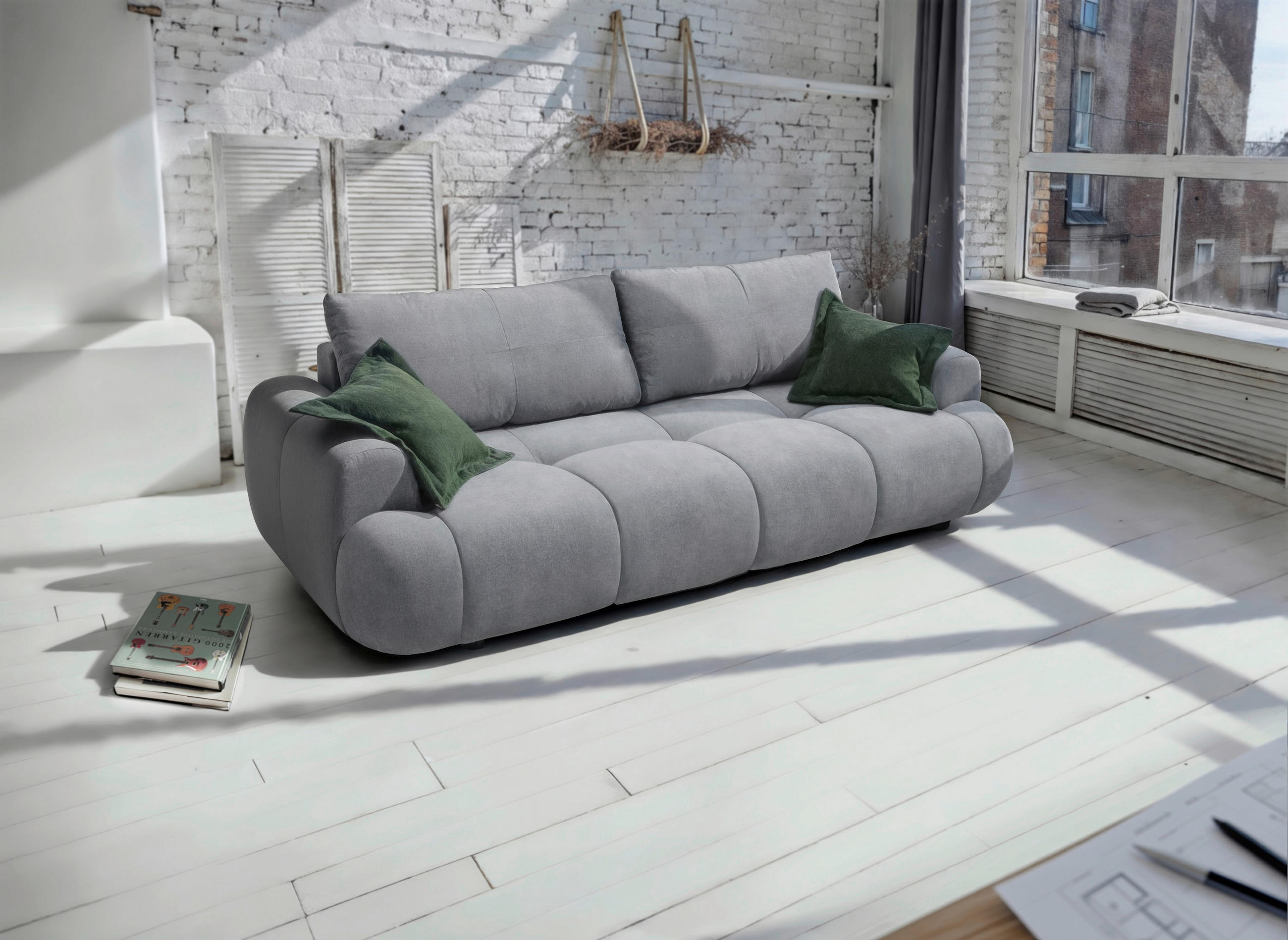 SCHLAFSOFA Flachgewebe Grau  inkl. Zierkissen, Rückenkissen  - Schwarz/Olivgrün, MODERN, Kunststoff/Textil (254/69-93/116cm) - MID.YOU