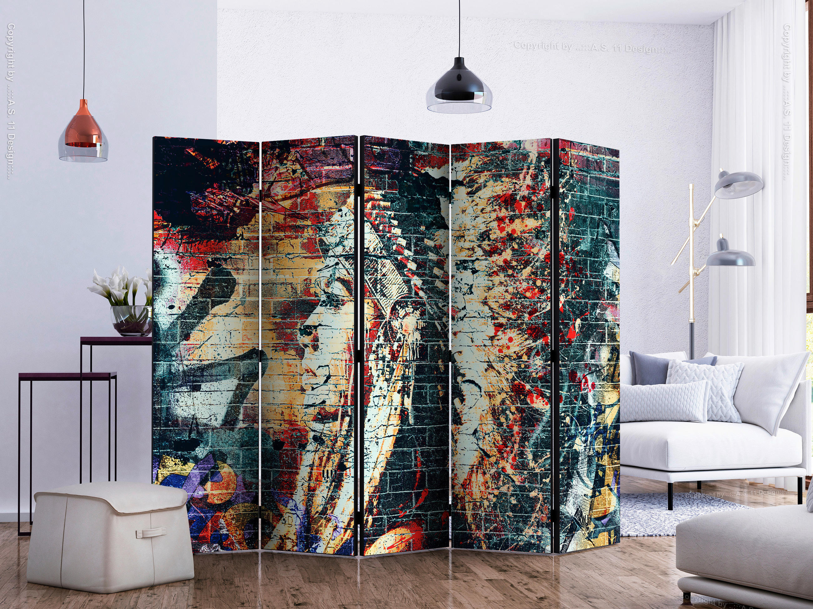 PARAVENT mit 5  Flügel - Multicolor, Basics, Holz/Textil (225/172/3cm) - artgeist