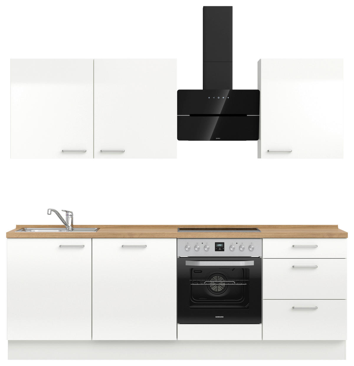 KÜCHENBLOCK Flash 240 cm  in Eichefarben, Weiß Hochglanz  - Edelstahlfarben/Eichefarben, MODERN, Holzwerkstoff/Metall (240cm) - Nobilia
