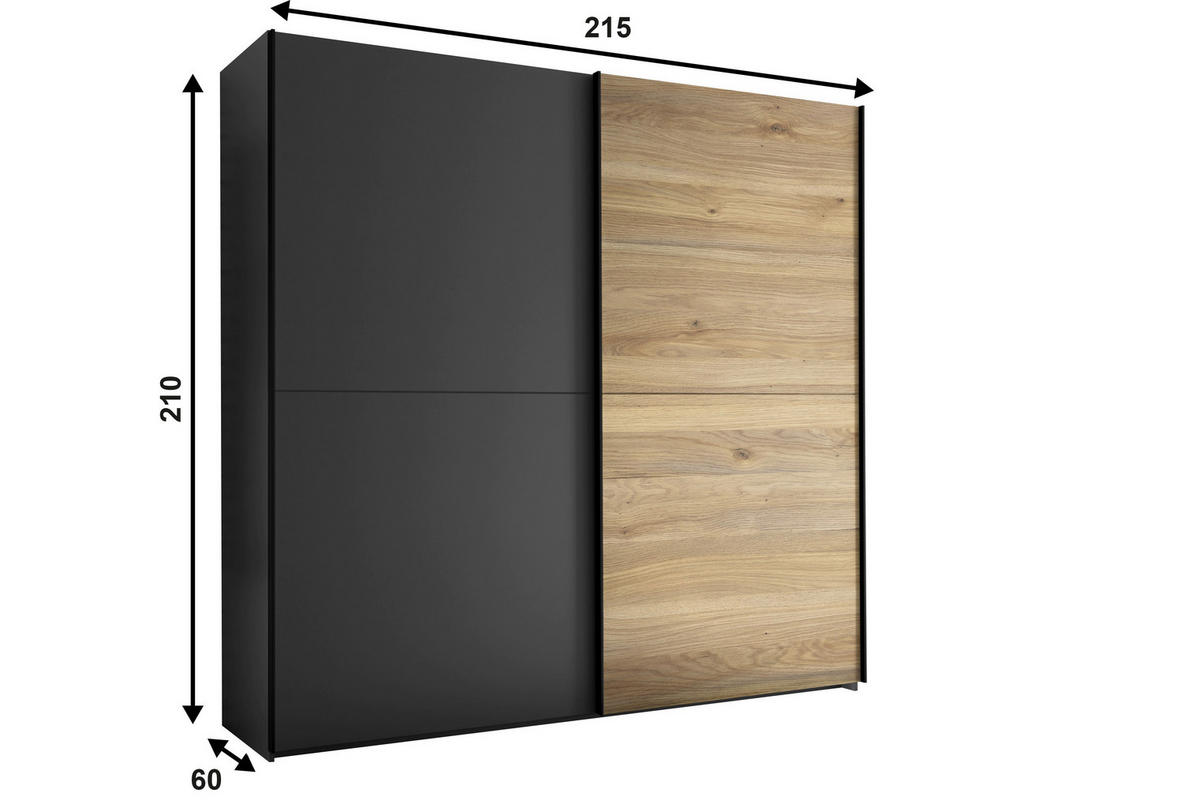 OMARA Z DRSNIMI VRATI, barve grafita, barve hrasta  - črna/barve hrasta, Moderno, kovina/leseni material (215/210/60cm) - Carryhome