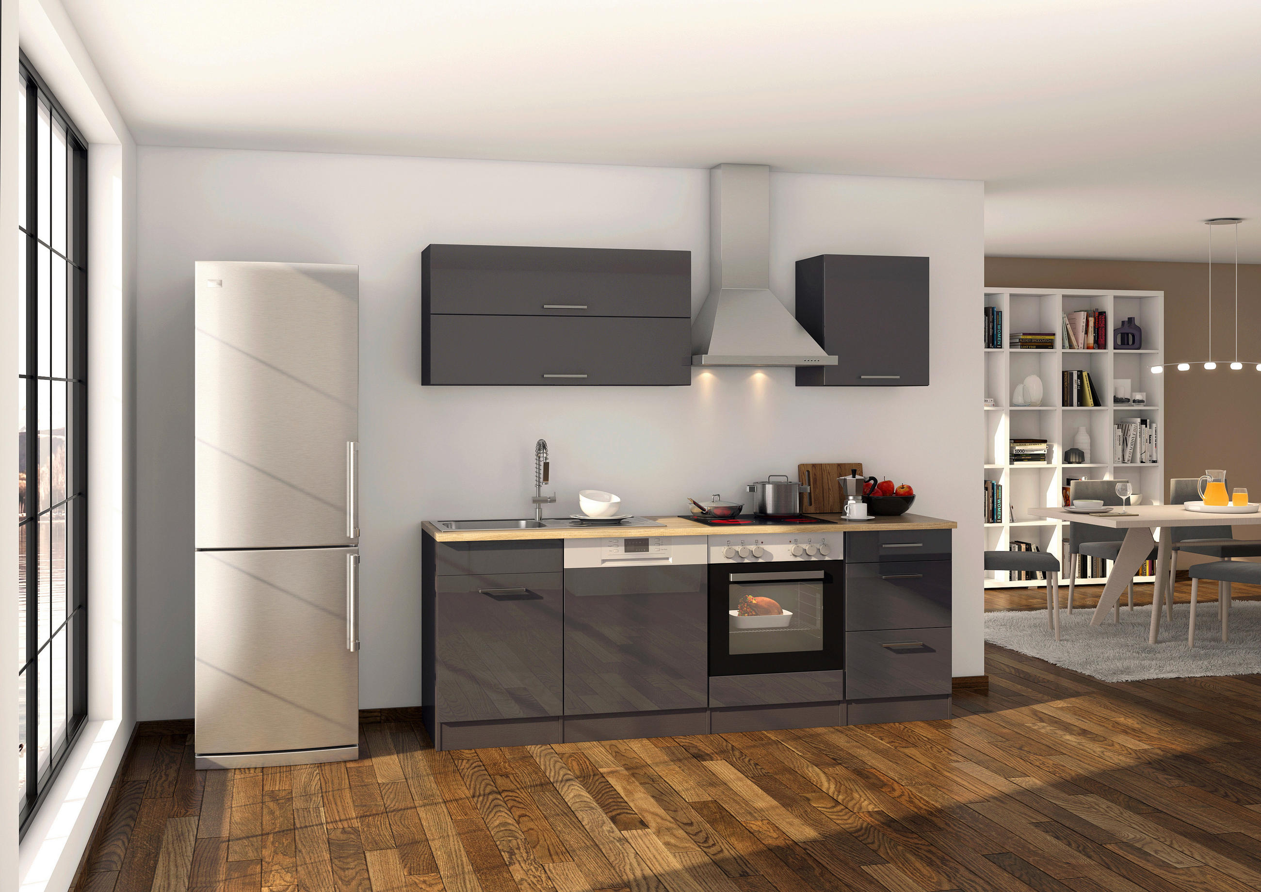 KÜCHENLEERBLOCK 220 cm   in Graphitfarben  - Silberfarben/Graphitfarben, MODERN, Glas/Holzwerkstoff (220cm) - Held