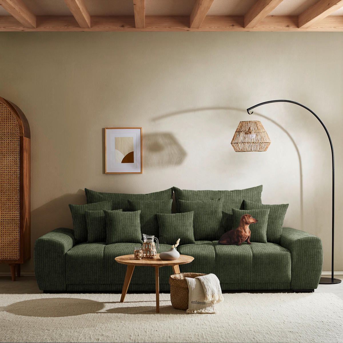 BIGSOFA in Feincord Grün  - Schwarz/Grün, Konventionell, Holz/Textil (280/67/120cm) - Carryhome