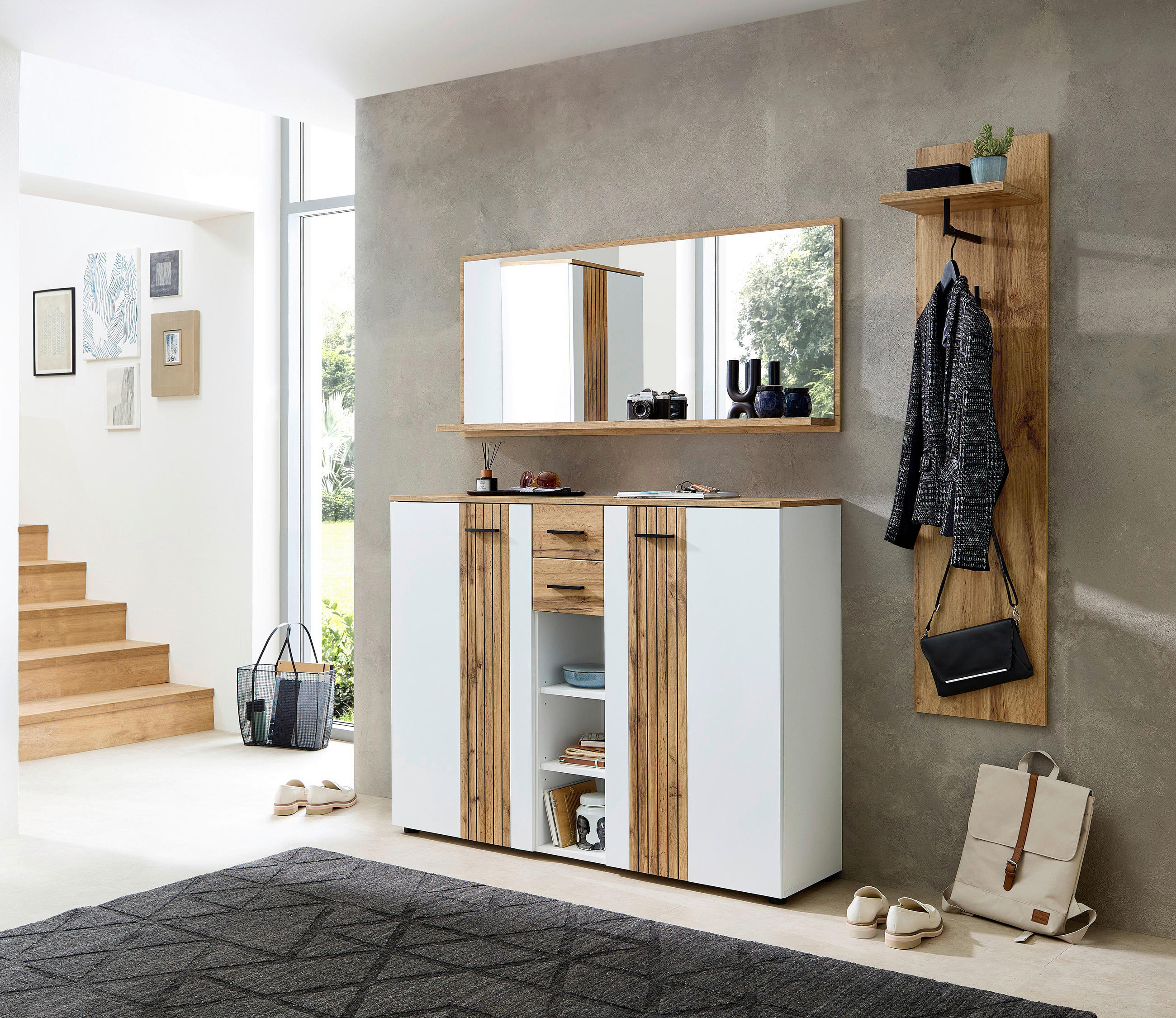 GARDEROBE 3-teilig  in 185/202/38 cm  - Eichefarben/Weiß, Basics, Glas/Holzwerkstoff (185/202/38cm) - Xora