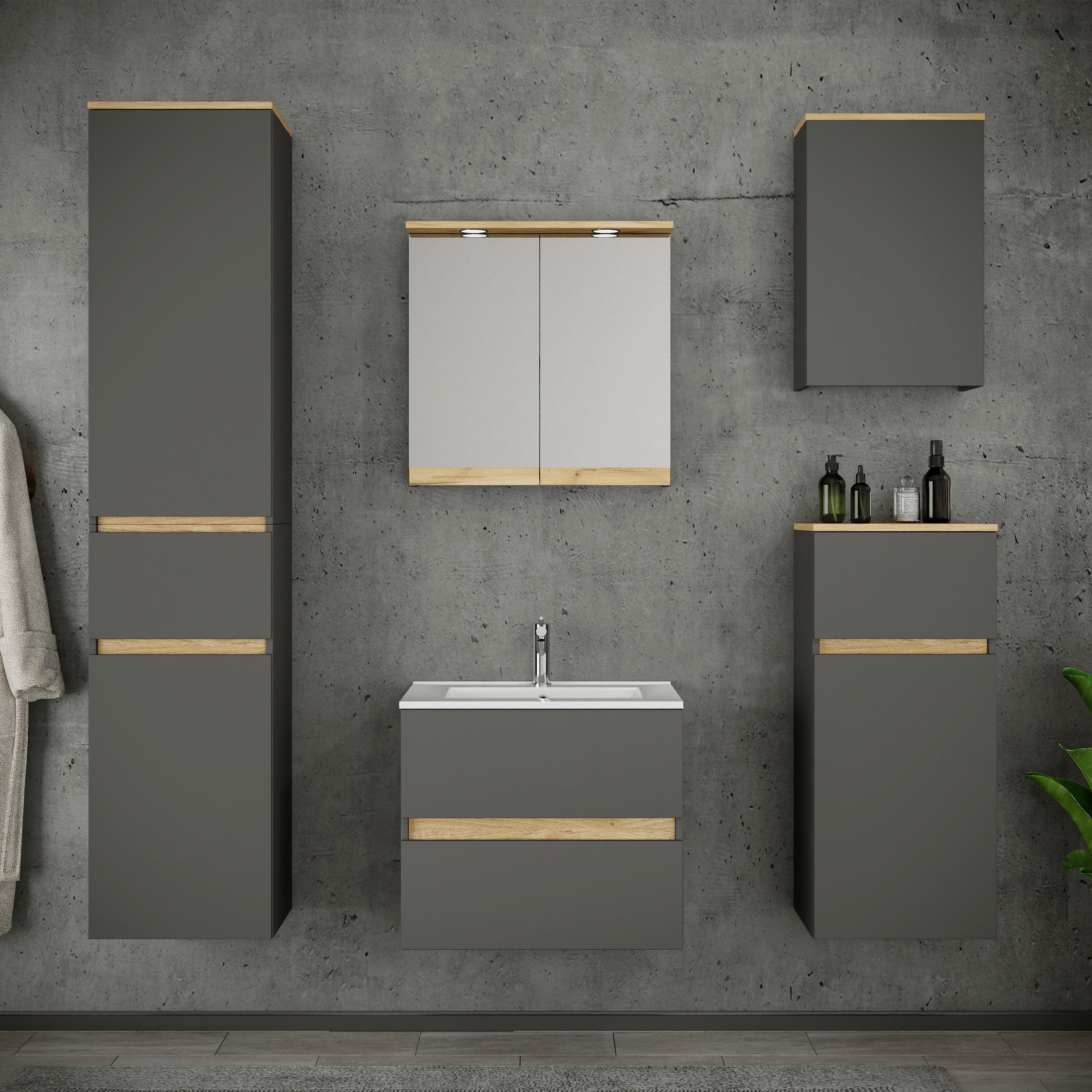 BADEZIMMER 6-teilig  in 141 cm  - Honigeiche/Anthrazit, Trend, Keramik/Holzwerkstoff (141cm) - MID.YOU