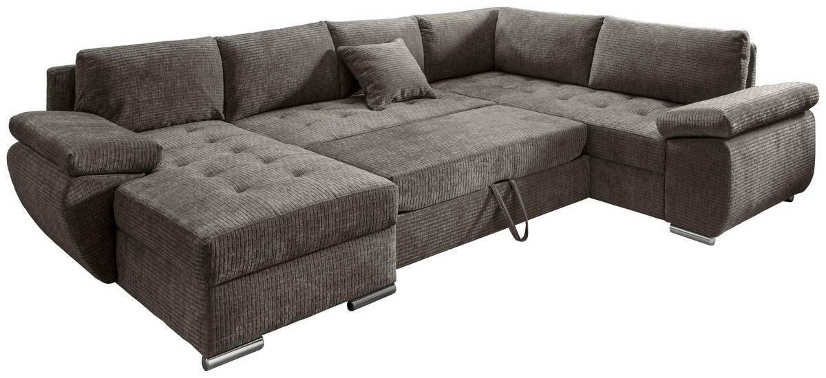 WOHNLANDSCHAFT Graubraun Mikrofaser  - Chromfarben/Graubraun, KONVENTIONELL, Textil/Metall (157/305/219cm) - Livetastic