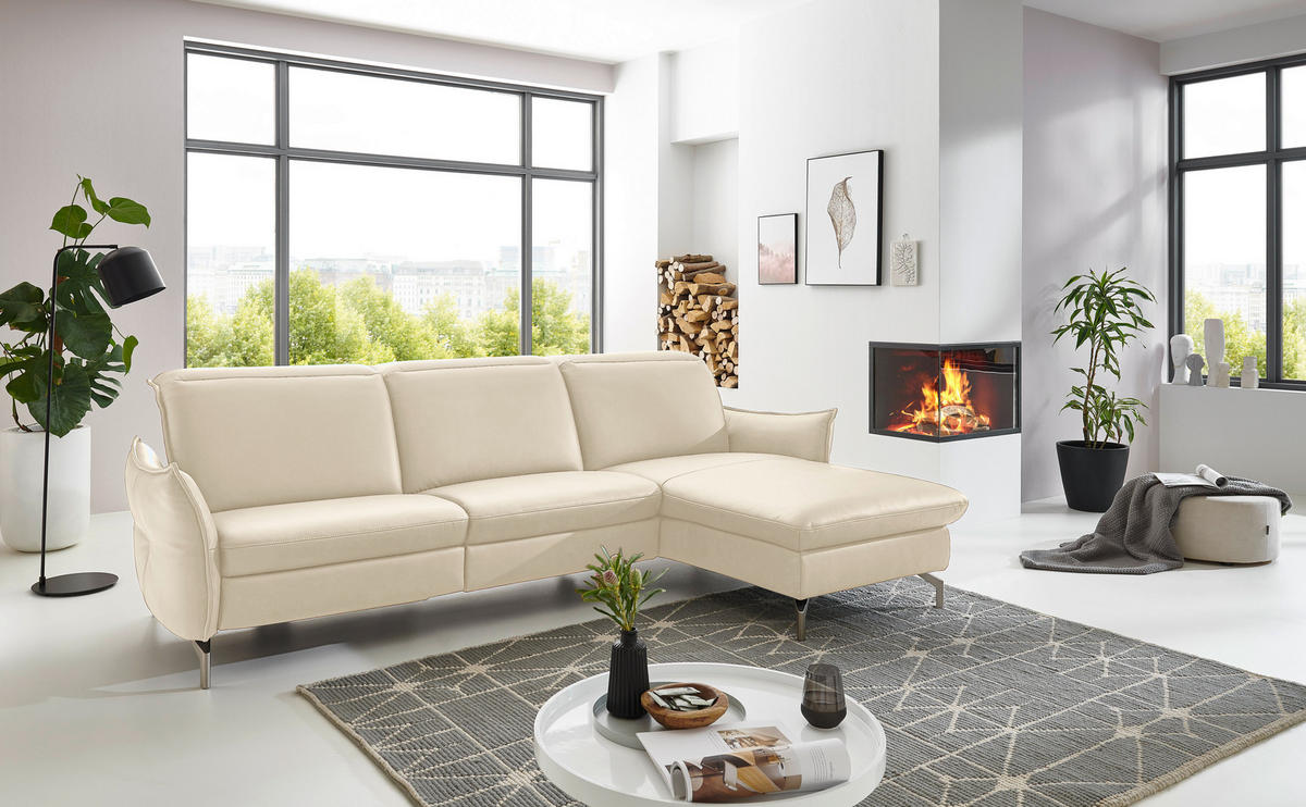 ECKSOFA in Lederlook (vegan) Ecru  - Ecru/Nickelfarben, Modern, Textil/Metall (263/179cm) - Livetastic