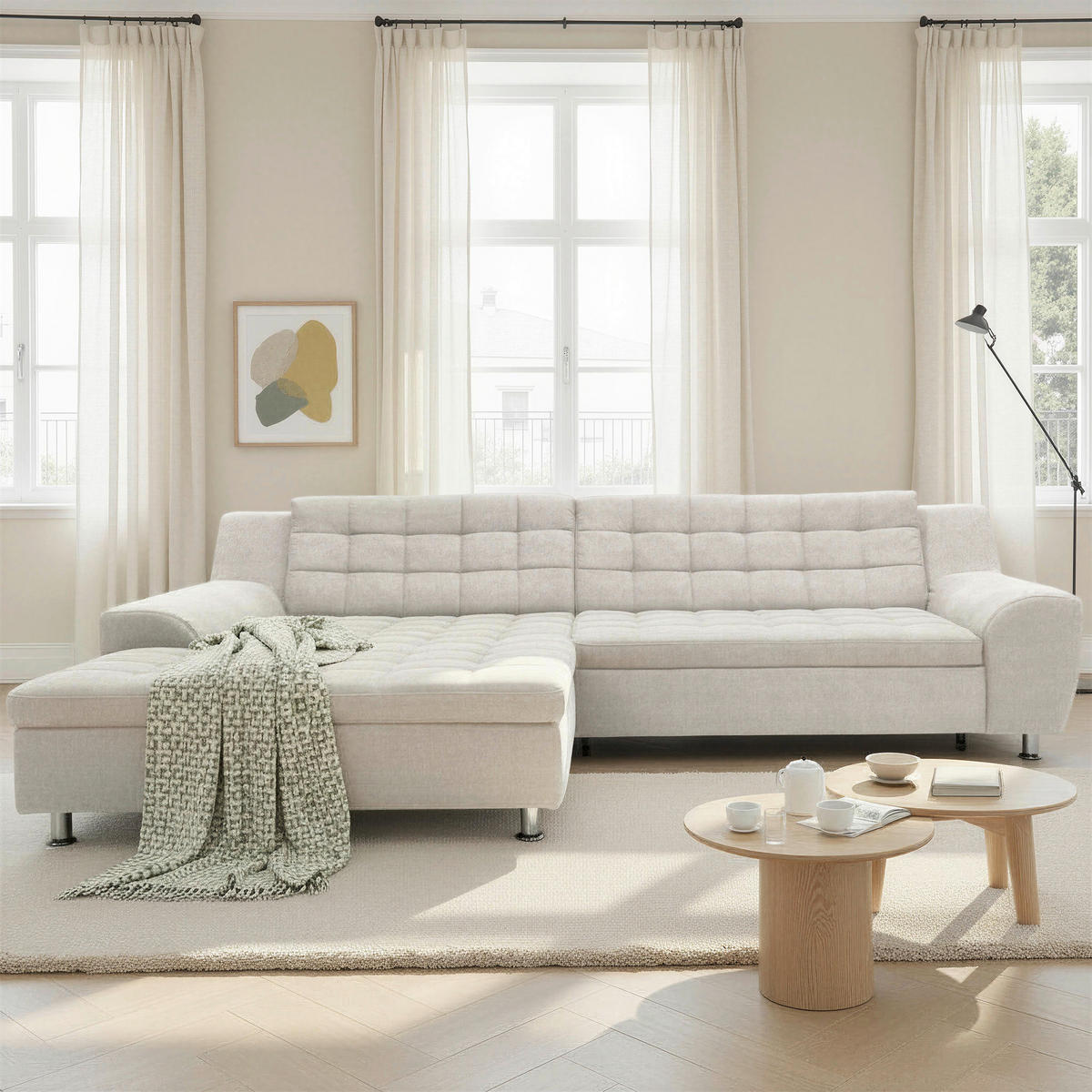 ECKSOFA MORTON Beige Mikrofaser  - Chromfarben/Beige, MODERN, Textil/Metall (304/200/84cm) - MID.YOU