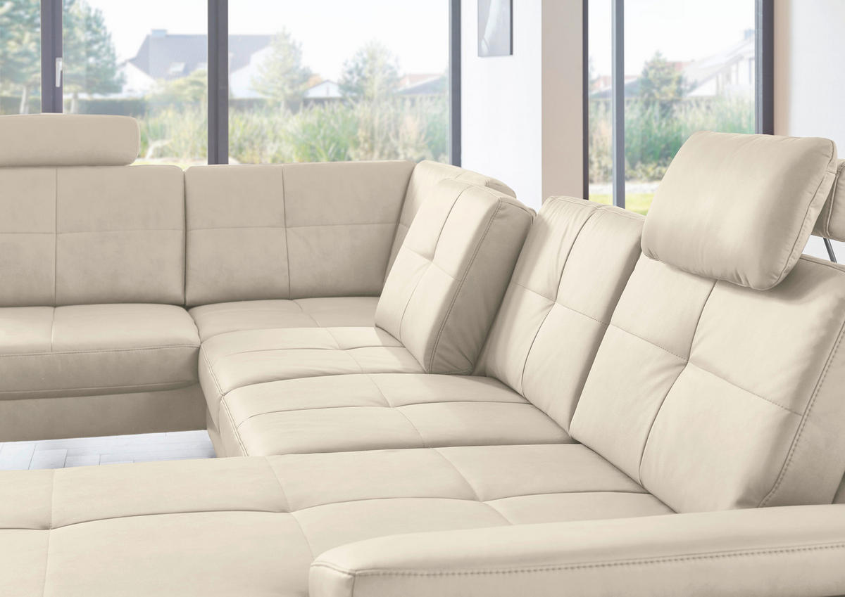 WOHNLANDSCHAFT in Lederlook, Mikrofaser Creme, Naturfarben  - Creme/Schwarz, Design, Textil/Metall (220/345cm) - Beldomo System
