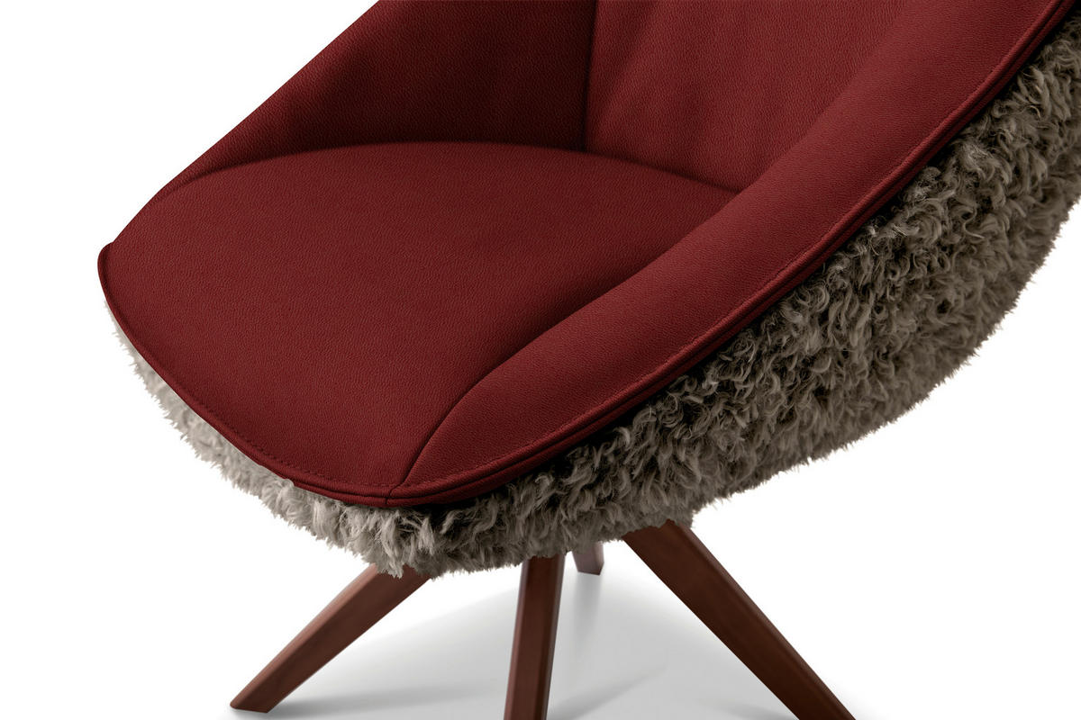 ARMLEHNSTUHL  Beinauswahl, Lederauswahl, Stoffauswahl, inklusive Armlehnen, automatische Rückholfunktion, gepolsterte Armlehnen, Sitzfläche 320° drehbar Hochflor Echtleder  - Weinrot/Nussbaumfarben, Design, Leder/Holz (61/89/70cm) - Koinor