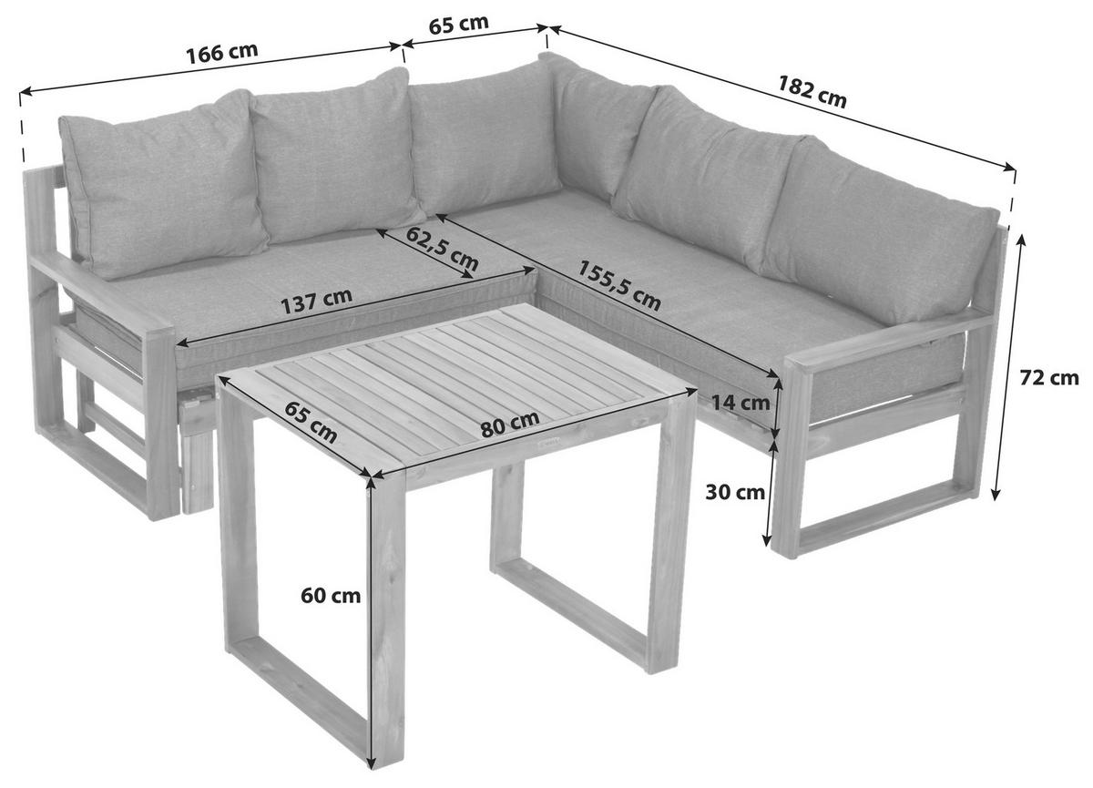 LOUNGEGARNITUR Akazie massiv  - Naturfarben/Grau, MODERN, Holz (182/166/62,5cm) - Gardenson