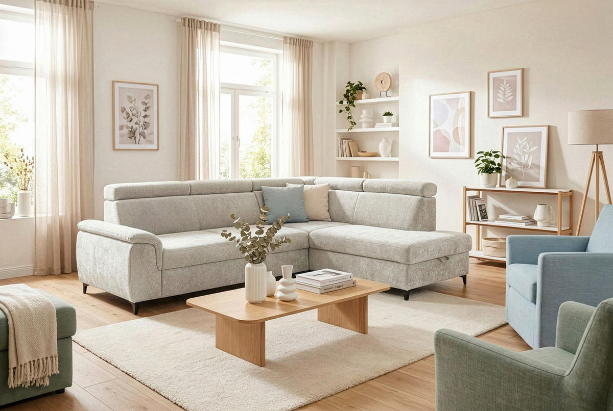 ECKSOFA Elfenbein Chenille Bettkasten, Schlaffunktion, Rücken echt, Kopfteilverstellung, Liegefläche im Originalstoff  - Elfenbein/Schwarz, KONVENTIONELL, Textil/Metall (265/206cm) - Carryhome