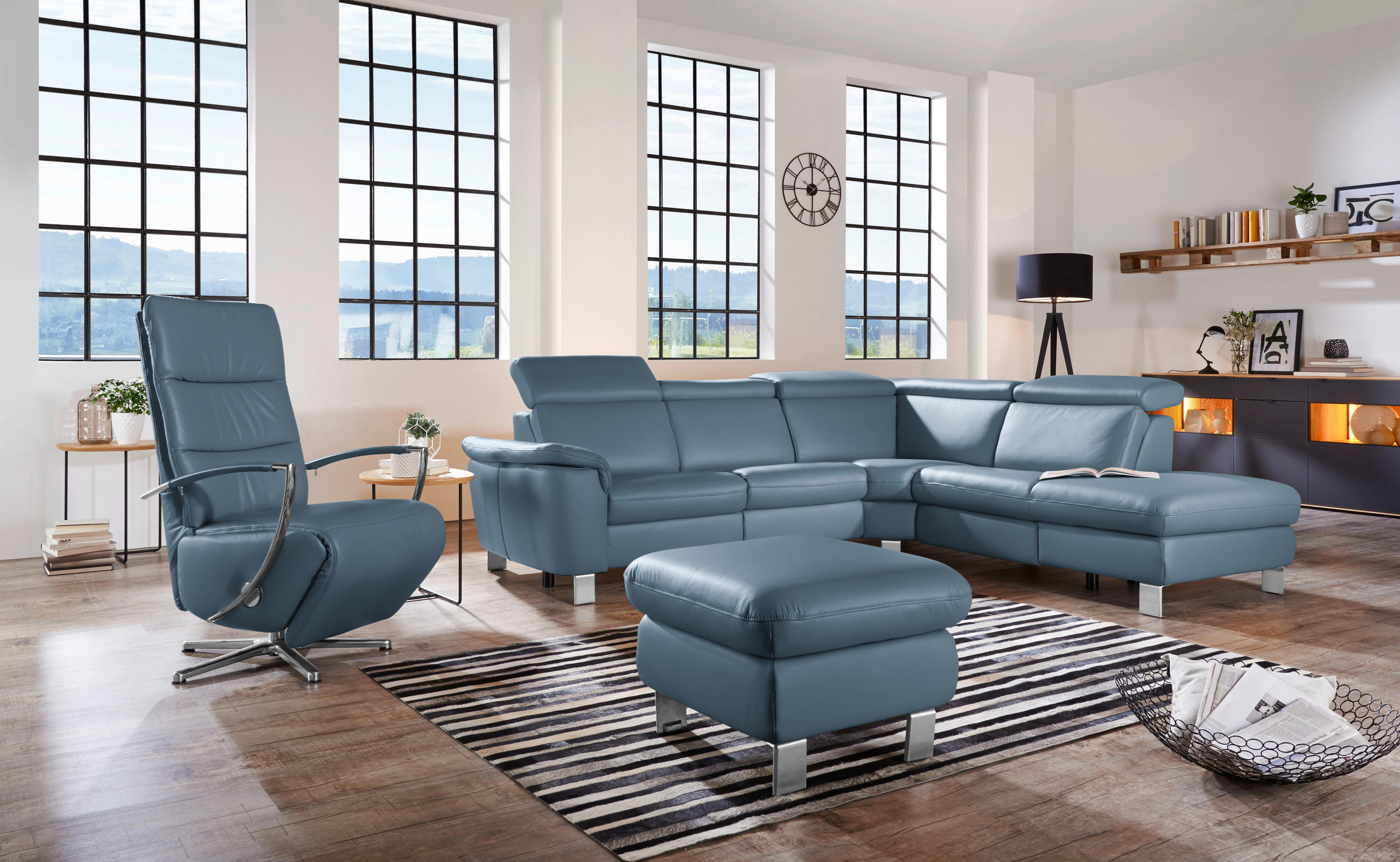 ECKSOFA in Echtleder Blau  - Blau/Alufarben, Design, Leder/Metall (271/239cm) - Cantus