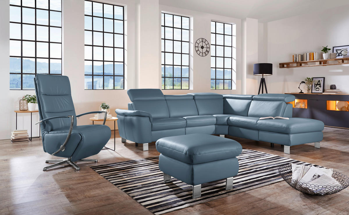 ECKSOFA in Echtleder Blau  271/239 cm  - Blau/Alufarben, Design, Leder/Metall (271/239cm) - Cantus