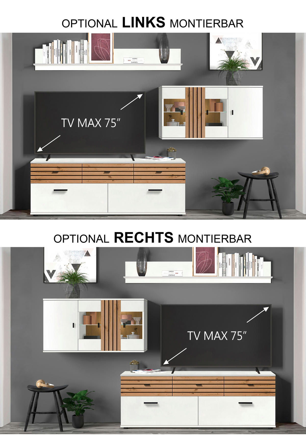 WOHNWAND 3-teilig  in Weiß, Eiche Artisan  253/175/38 cm  - Schwarz/Weiß, Design, Glas/Holzwerkstoff (253/175/38cm) - Livetastic