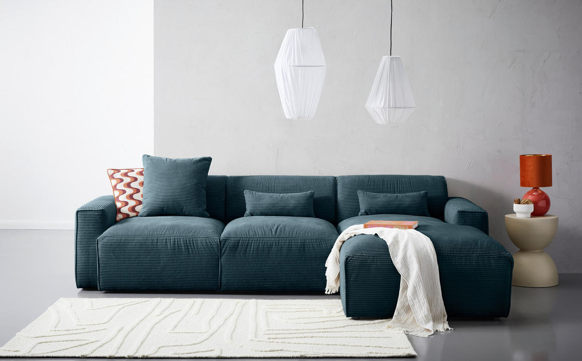 ECKSOFA in Cord Petrol  - Petrol/Schwarz, Design, Kunststoff/Textil (303/196cm) - Livetastic