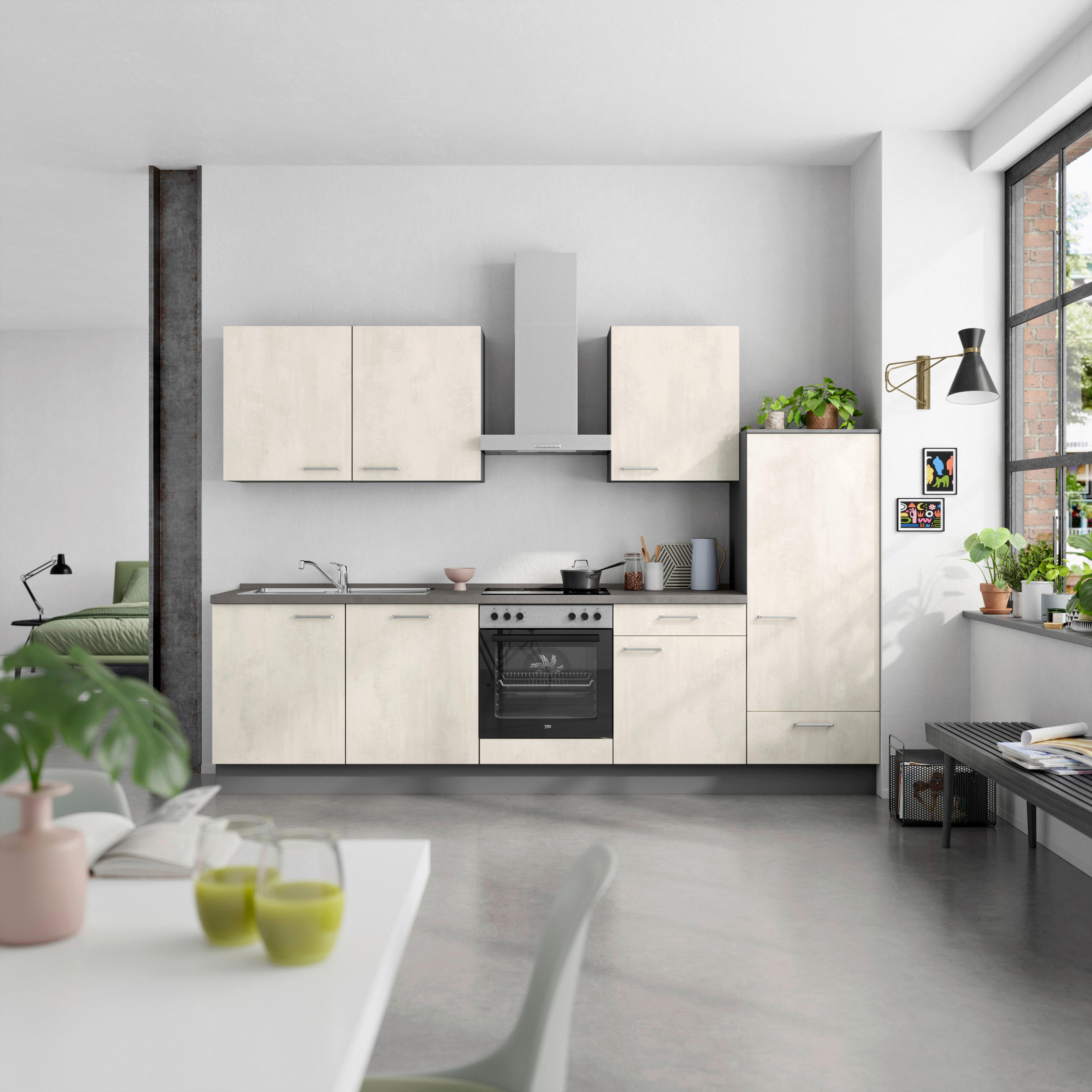 KÜCHENBLOCK Riva 300 cm  in Weiß, Schieferfarben  - Schieferfarben/Edelstahlfarben, MODERN, Holzwerkstoff/Metall (300cm) - Nobilia
