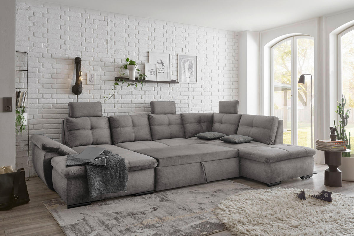 WOHNLANDSCHAFT in Mikrovelours Hellgrau  - Hellgrau/Schwarz, Konventionell, Kunststoff/Textil (127/334/217cm) - Carryhome