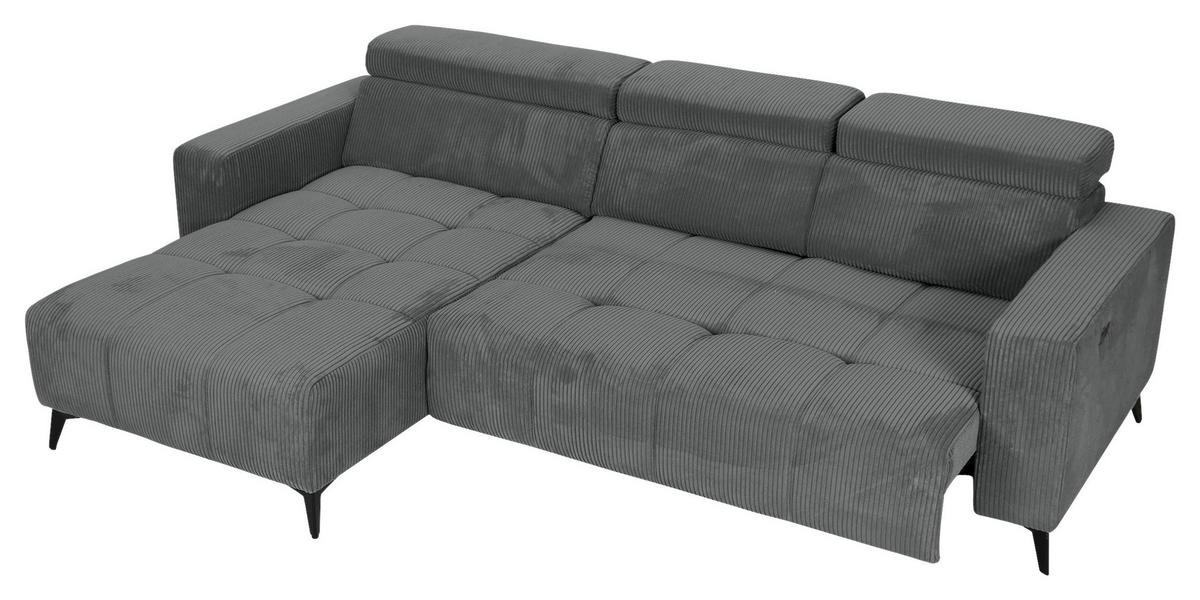 ECKSOFA Dunkelgrau Cord Rücken echt, Kopfteilverstellung, Sitzvorzug  - Dunkelgrau/Schwarz, KONVENTIONELL, Textil/Metall (170/257cm) - Carryhome