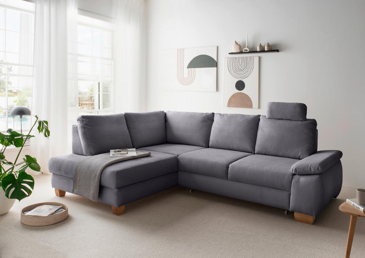 ECKSCHLAFSOFA in Cord Grau  - Wildeiche/Grau, Modern, Holz/Textil (206/261cm) - Livetastic