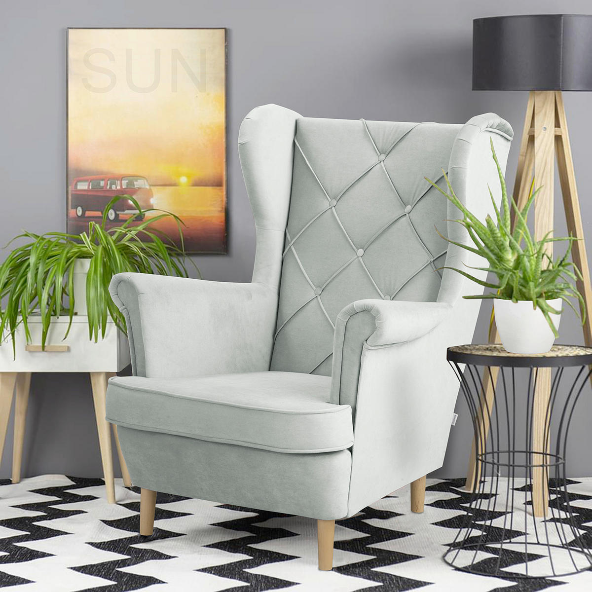 OHRENSESSEL Samt Dunkelblau  - Naturfarben/Dunkelblau, Design, Holz/Textil (84/105/90cm) - P & B