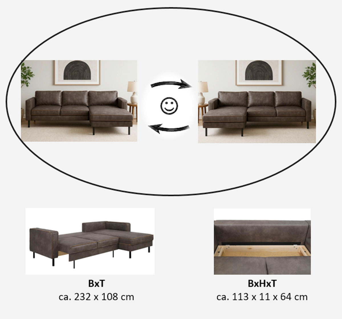 ECKSCHLAFSOFA WATKINS Dunkelgrau Echtleder Lederlook, Mikrofaser  - Dunkelgrau/Schwarz, MODERN, Leder/Textil (232/161cm) - Trendmanufaktur