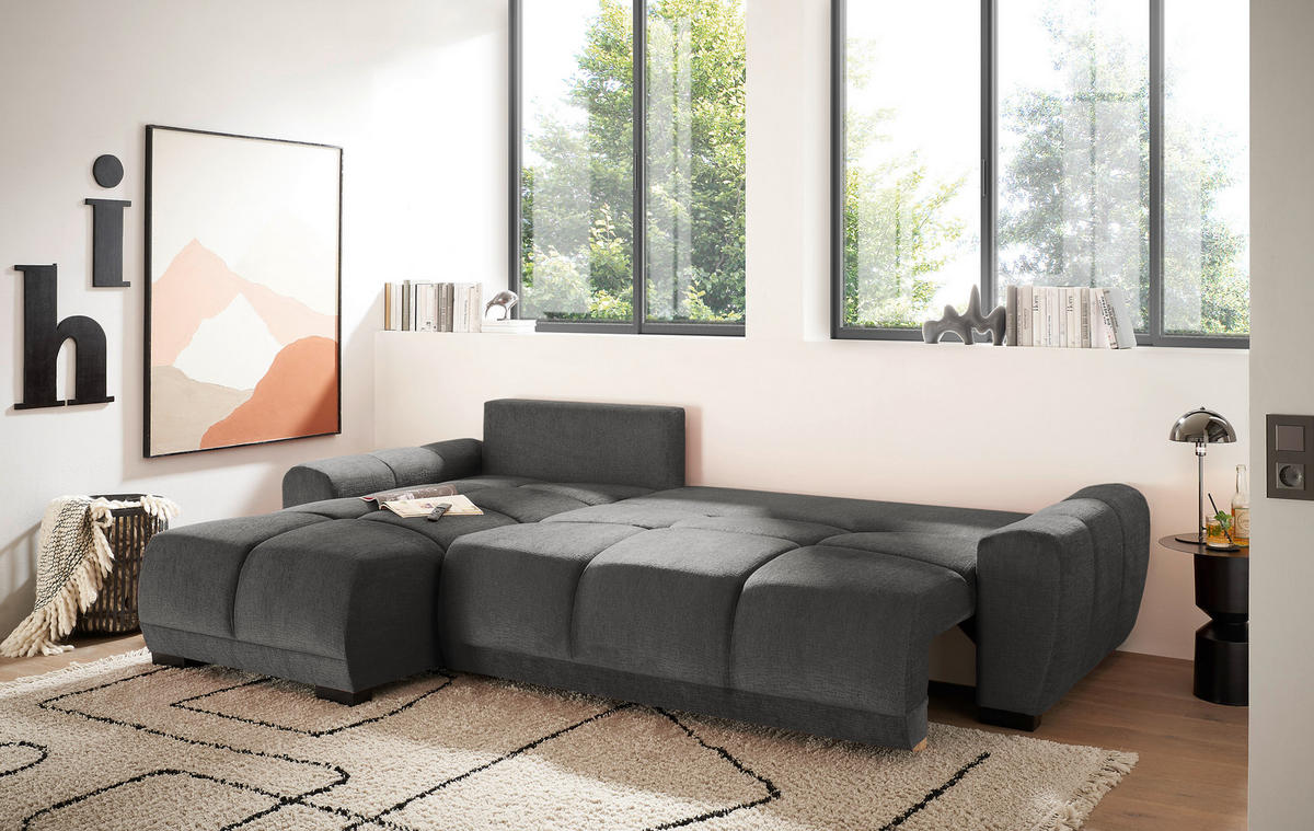 HÖRNBÄDDSOFFA 3-sits i chenille grafitfärgad  - grafitfärgad/svart, Basics, textil/plast (294/183cm) - Livetastic