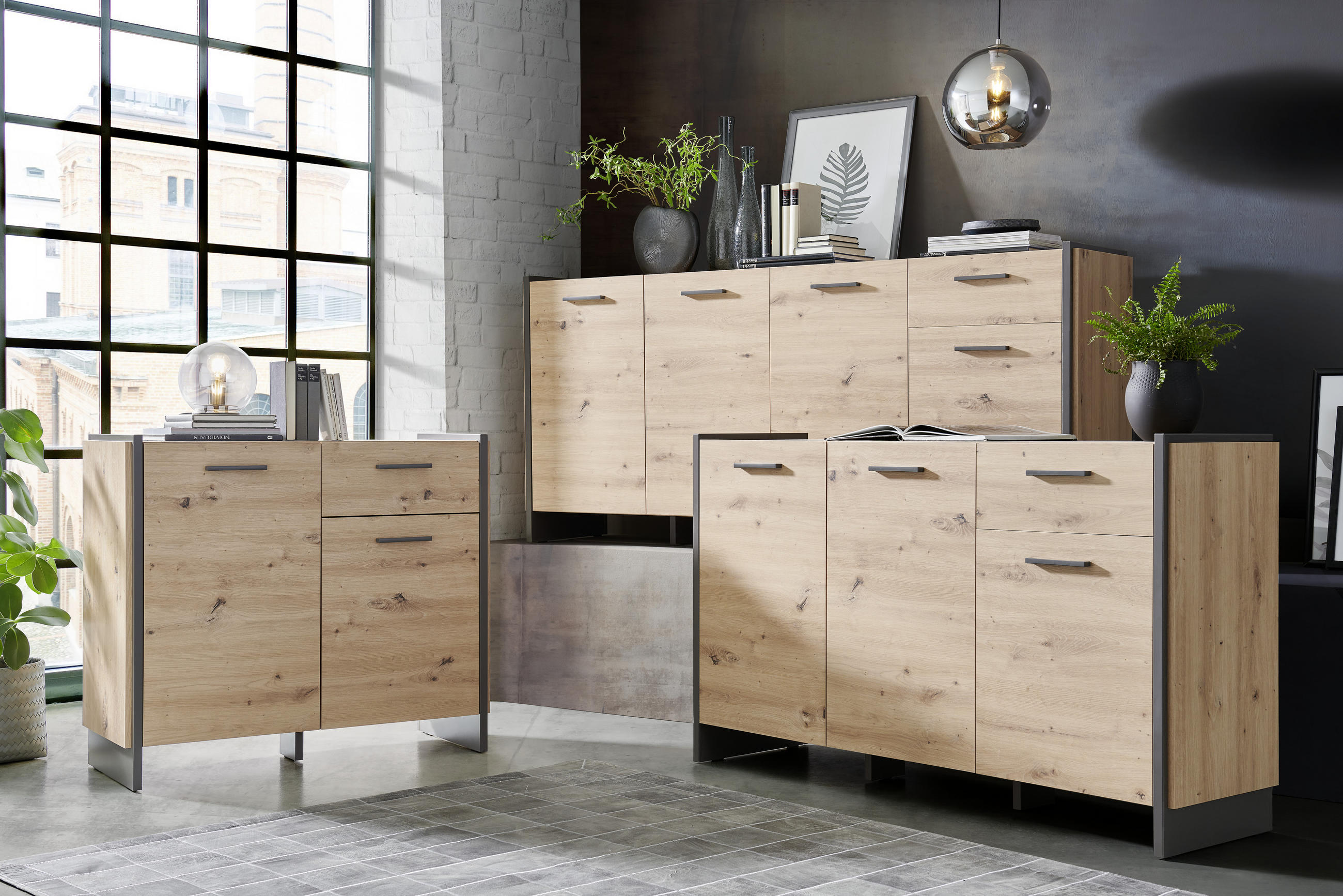 SIDEBOARD Grau, Eichefarben - Eichefarben/Grau, Trend, Kunststoff/Metall (141,8/86,01/41,3cm) - Hom`in