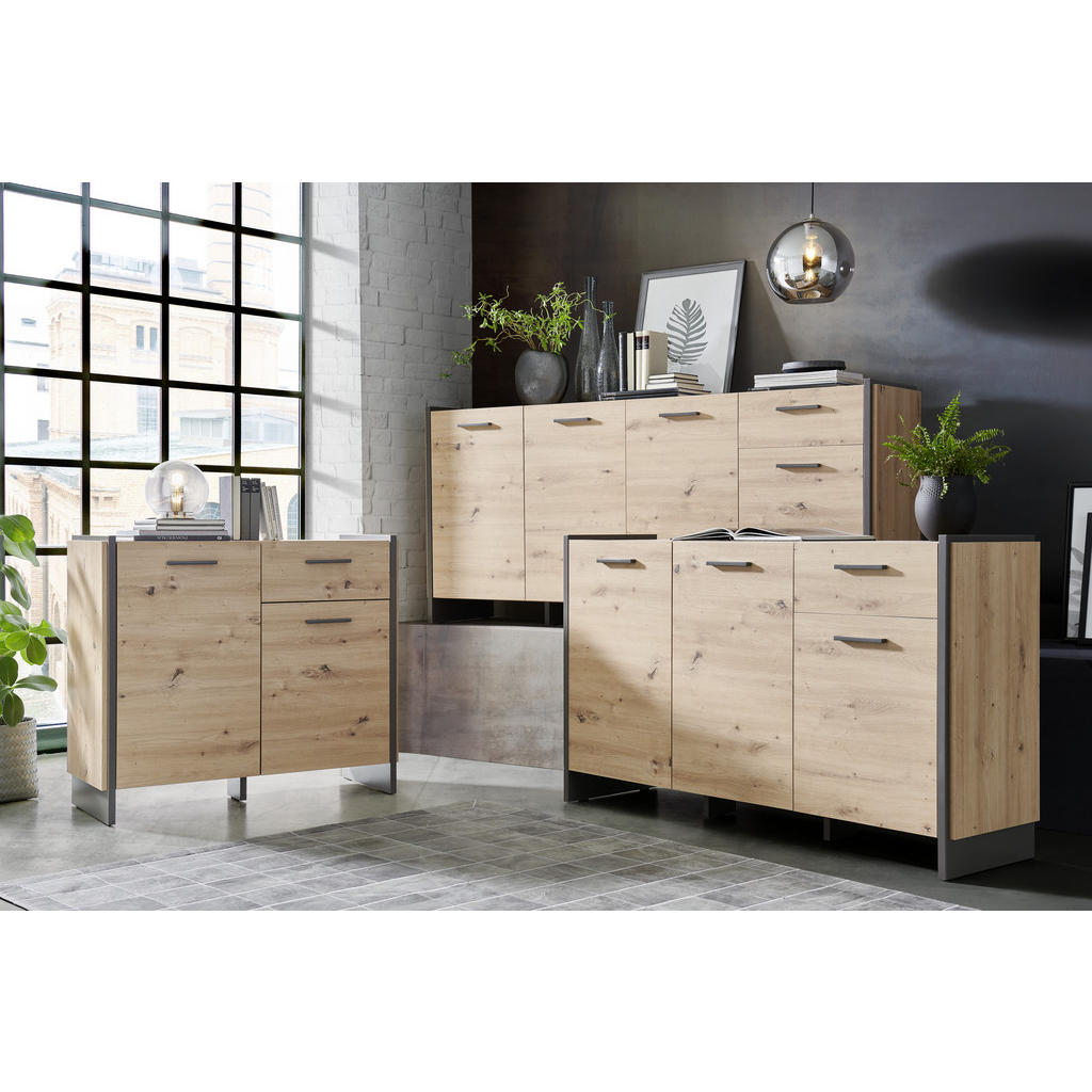 Thumbnail - Hom`in Sideboard, Grau, Eiche Artisan, Kunststoff, 4 Fächer, 1 Schubladen, 186.5x86.1x41.3 cm, Beimöbel erhältlich, Wohn...