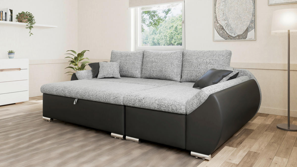 ECKSOFA, inkl. Hocker AURO in Grau, Schwarz Rücken echt, Hocker, Stauraum  275/155 cm  - Silberfarben/Schwarz, Design, Kunststoff/Textil (275/155cm) - MID.YOU