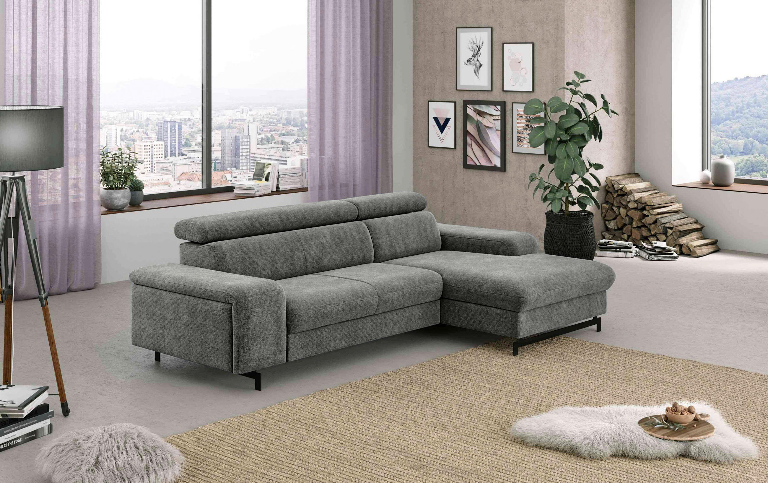 ECKSOFA in Chenille Grau  - Schwarz/Grau, Textil/Metall (267/165cm) - MID.YOU