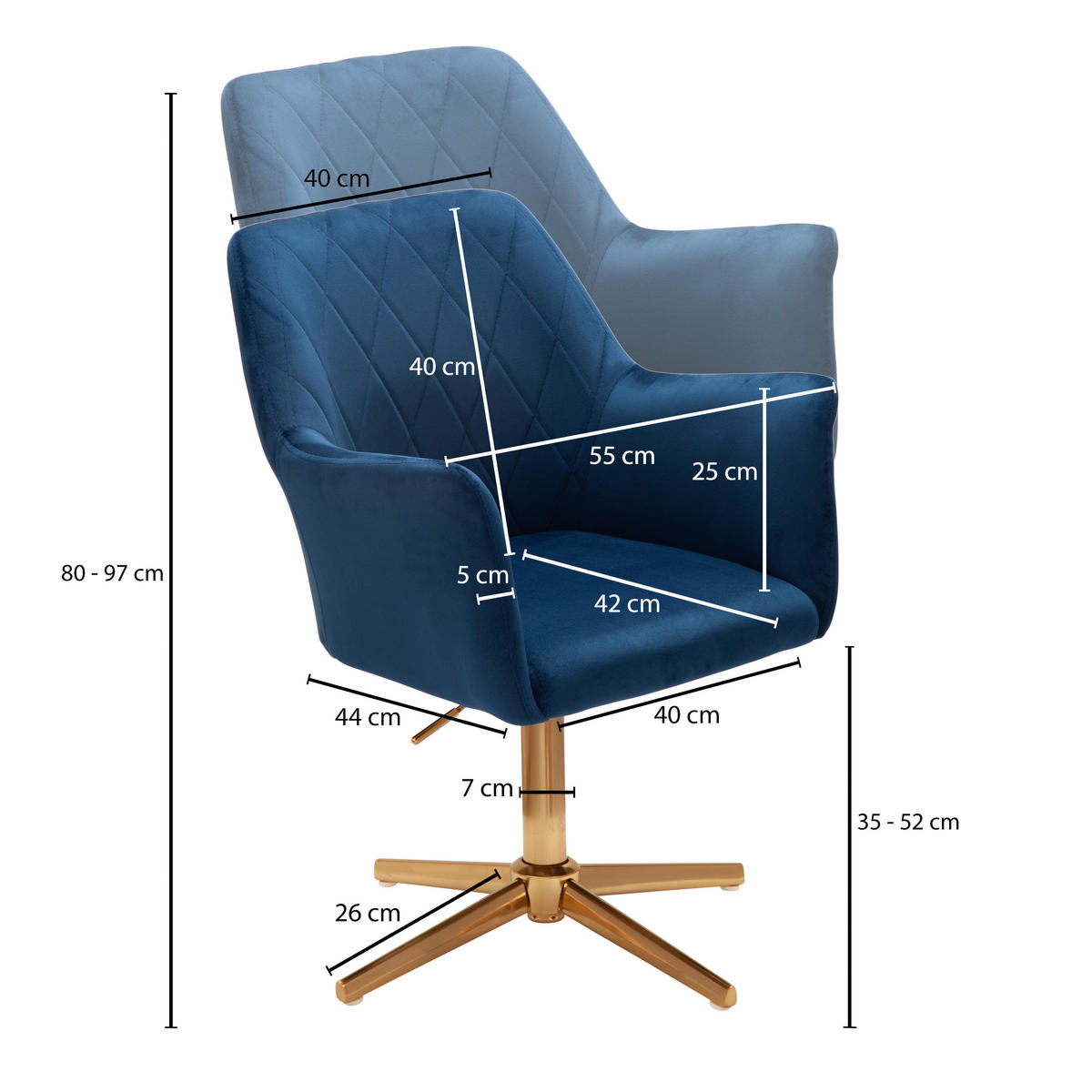 ŽIDLE S PODRUČKAMI, samet, tmavě modrá - barvy zlata/tmavě modrá, Konvenční, kov/textil (55/97/55cm) - MID.YOU