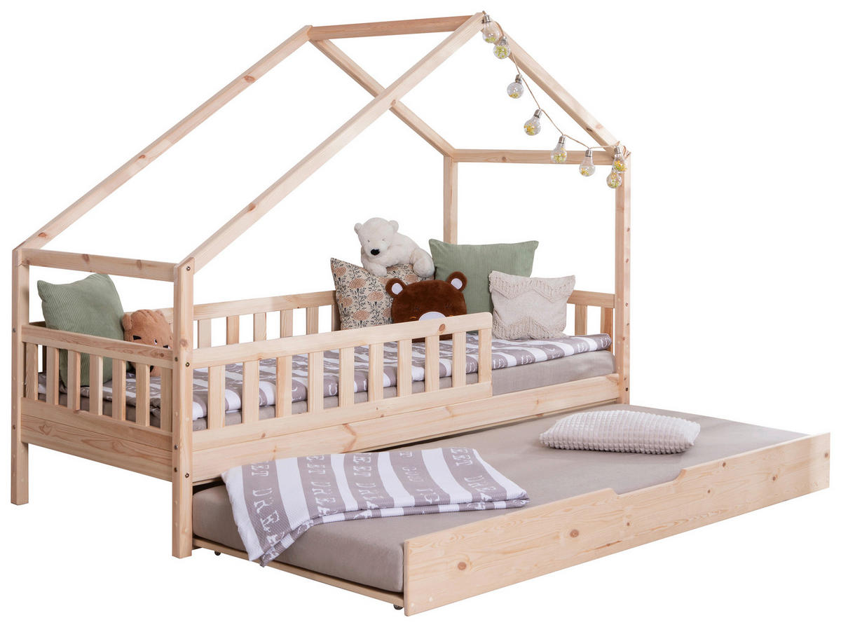 HAUSBETT 100/200 cm,  in Naturfarben, Absturzsicherung, Matratze, Rollrost, Bettkasten  - Naturfarben, MODERN, Holz/Textil (100/200cm) - MID.YOU