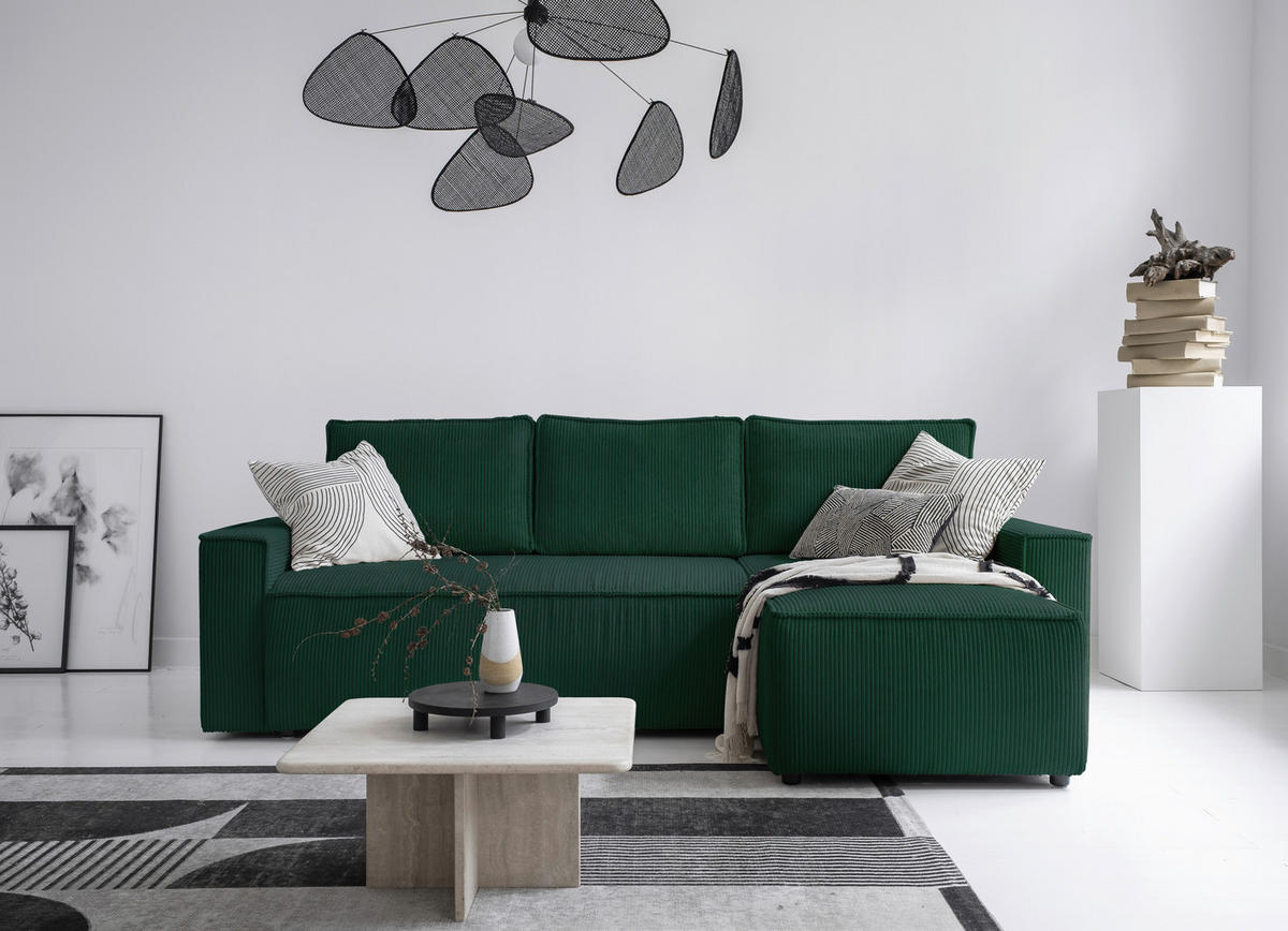 ECKSOFA  in Cord Dunkelgrün  250/156 cm  - Dunkelgrün/Schwarz, Design, Kunststoff/Textil (250/156cm) - MID.YOU