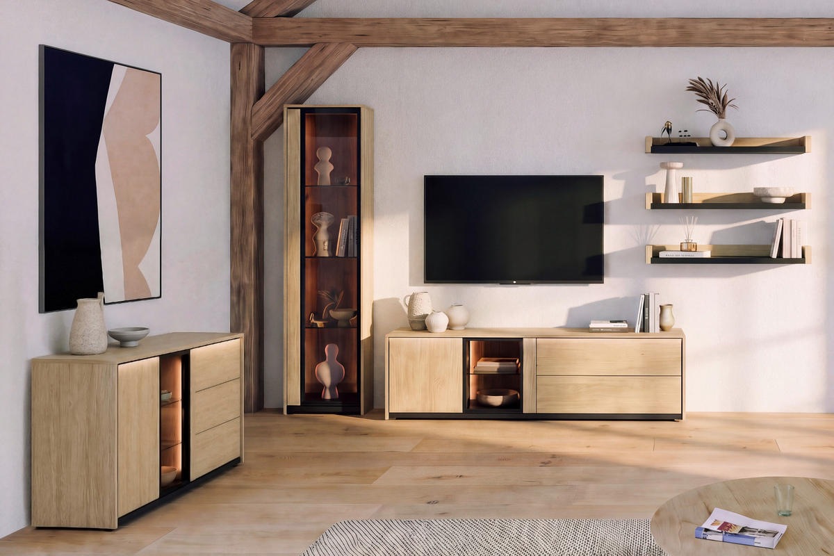 SIDEBOARD FRAME 195/82/40 cm 3 Schublade(n)  - Eichefarben/Schwarz, MODERN, Glas/Holzwerkstoff (195/82/40cm) - Stylife