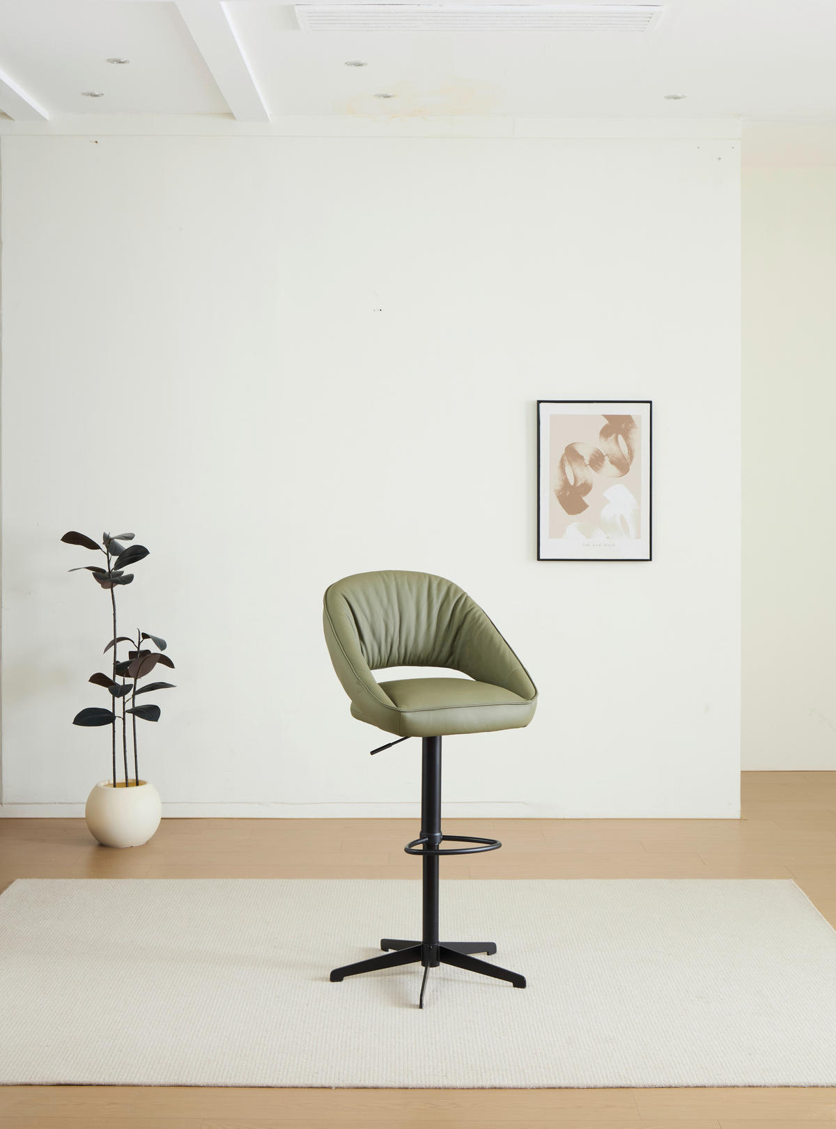 BARHOCKER Echtleder Grün, Schwarz Eisen Sitzfläche 360° drehbar, automatische Rückholfunktion  - Schwarz/Grün, Design, Leder/Metall (56/96-120/59cm) - Dieter Knoll