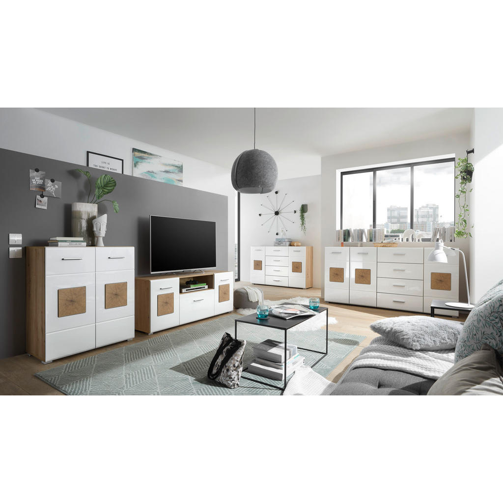 Thumbnail - Mid.you Kommode, Eiche Artisan, Weiß Hochglanz, Holzwerkstoff, 1 Fächer, 80x92x40 cm, Wohnzimmer, Kommoden & Sideboards,...