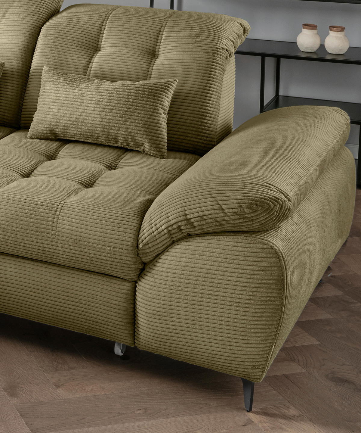 ECKSCHLAFSOFA in Cord Olivgrün  - Schwarz/Olivgrün, Modern, Textil/Metall (189/273cm) - Livetastic