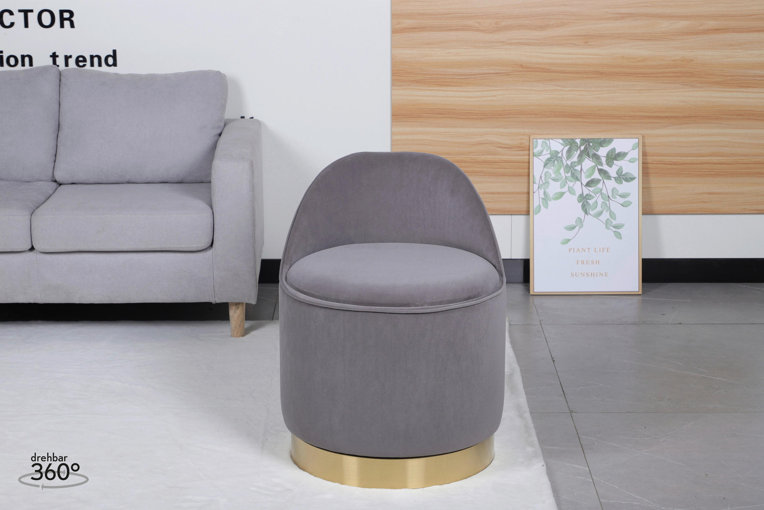 DREHHOCKER Samt Grau  - Goldfarben/Grau, Design, Textil/Metall (52/68cm) - Kayoom