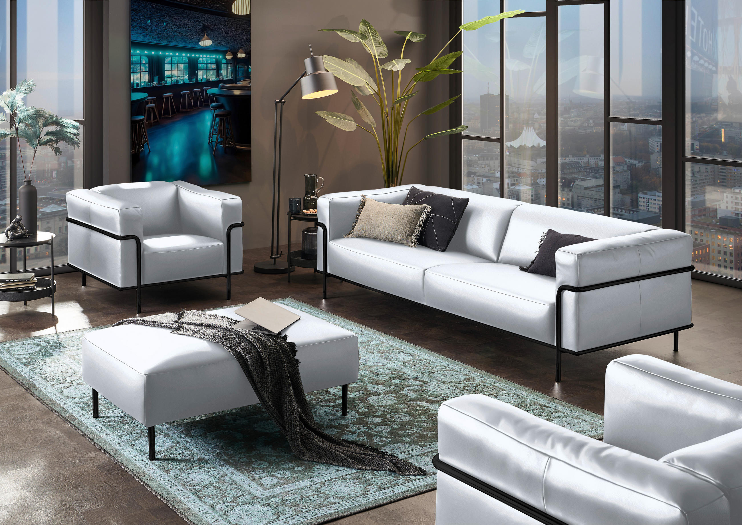 3-SITZER-SOFA in Echtleder Weiss  - Weiss/Schwarz, Design, Leder/Metall (236/67/96cm) - Johann Jakob