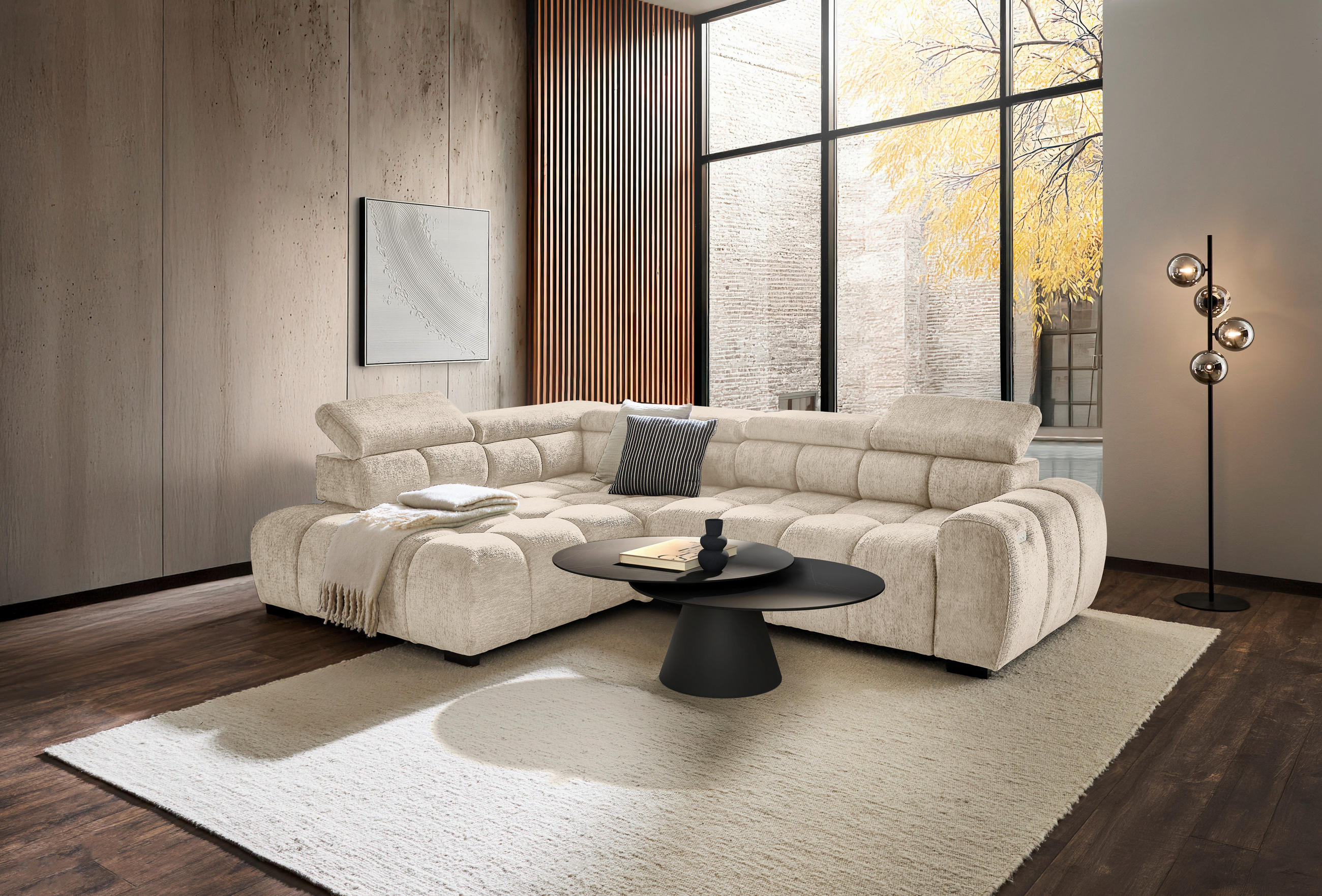 ECKSOFA inkl. Funktionen Naturfarben Webstoff  - Schwarz/Naturfarben, MODERN, Kunststoff/Textil (205/297cm) - Welnova