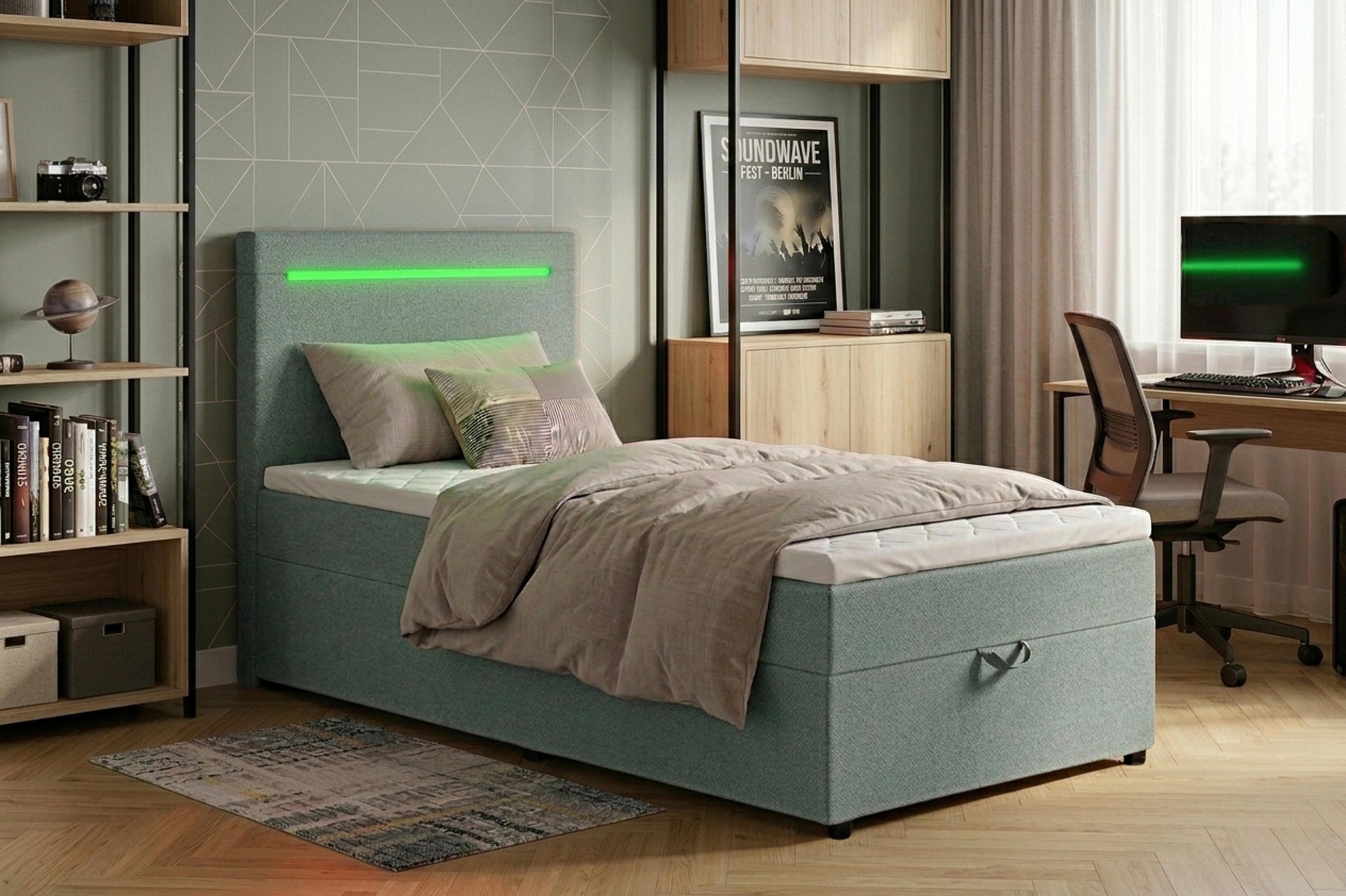 BOXBETT 100/200 cm,  in Mintgrün, Bettkasten, Topper, Kopfteilbeleuchtung,  - Schwarz/Mintgrün, MODERN, Kunststoff/Textil (100/200cm) - MID.YOU