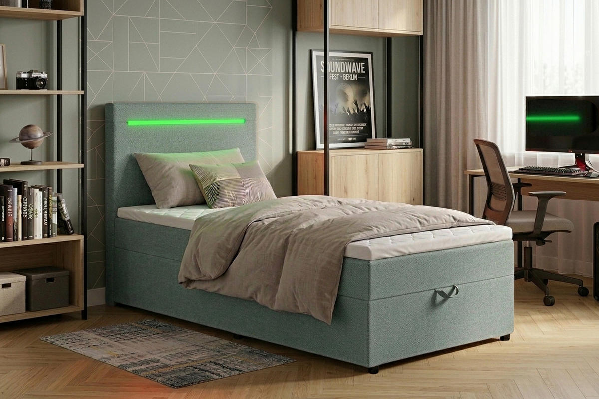 BOXBETT 100/200 cm,  in Mintgrün, Bettkasten, Topper, Kopfteilbeleuchtung,  - Schwarz/Mintgrün, MODERN, Kunststoff/Textil (100/200cm) - MID.YOU