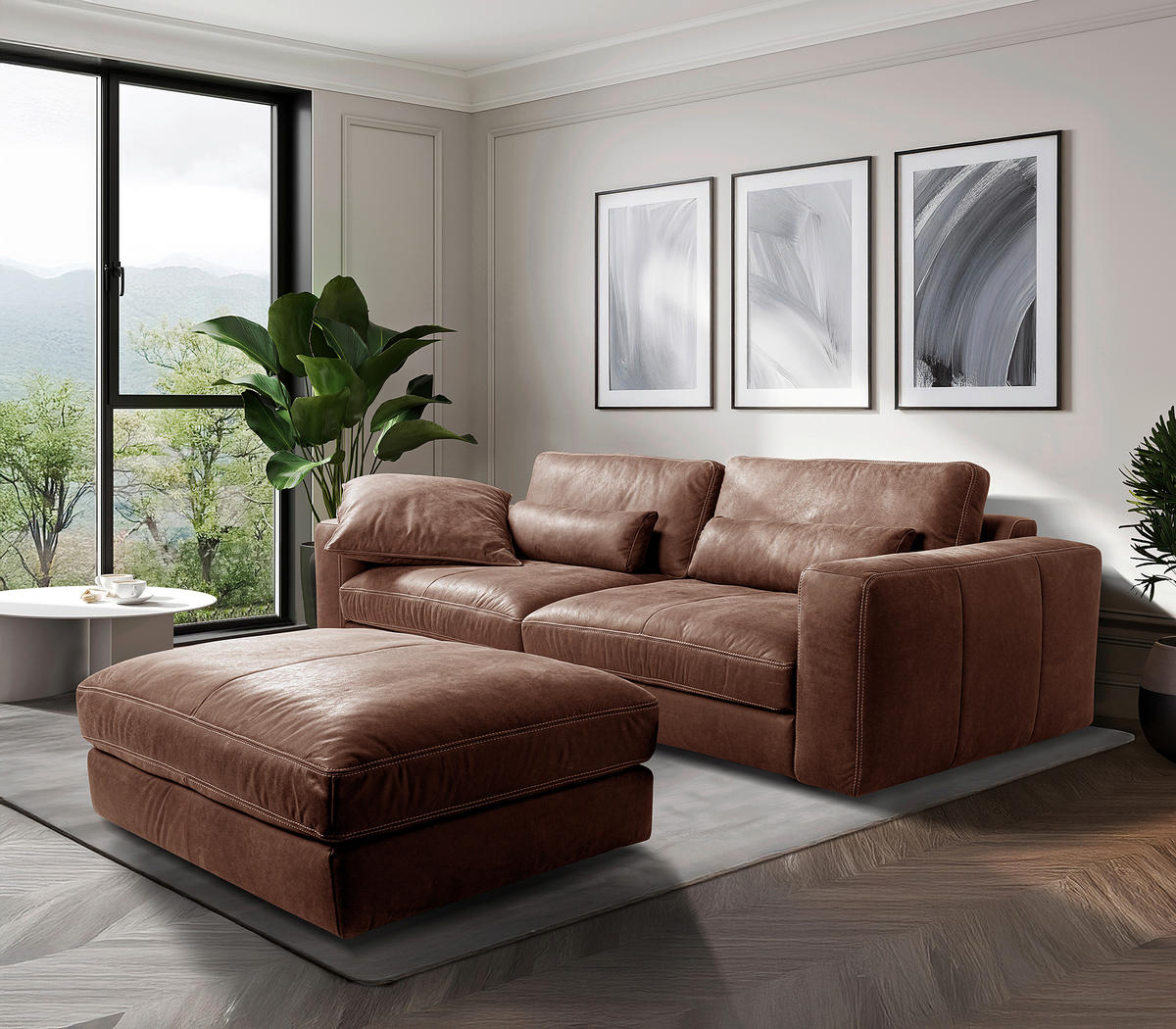 HOCKER in Leder Braun  - Beige/Schwarz, Design, Leder/Kunststoff (123/45/93cm) - Livetastic