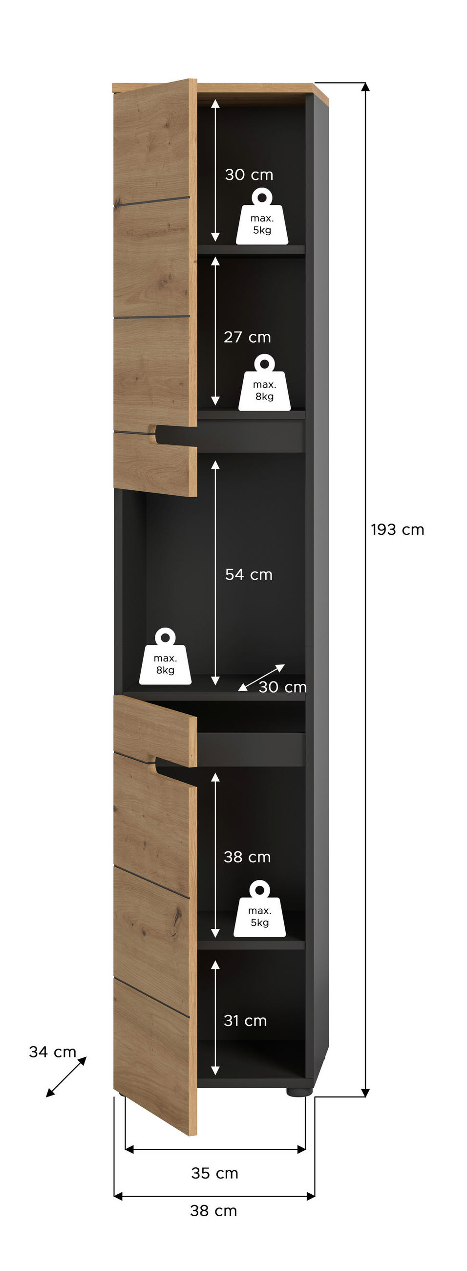 HOCHSCHRANK 38/193/34 cm  - Dunkelgrau/Schwarz, MODERN, Holzwerkstoff/Kunststoff (38/193/34cm) - MID.YOU