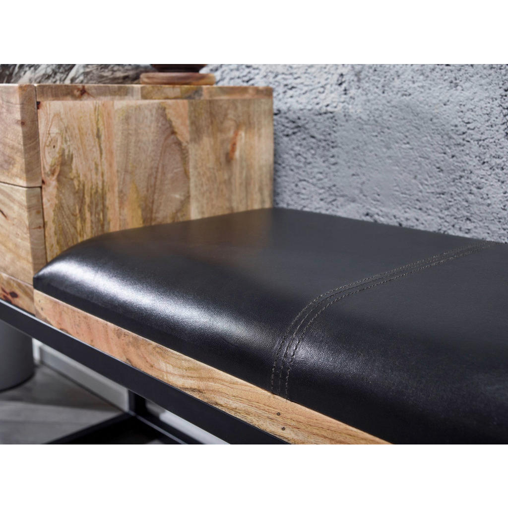 Thumbnail - Mid.you Hockerbank, Schwarz, Holz, Leder, Echtleder, Ziegenleder, Mangoholz, massiv, 1-Sitzer, 100x60x35 cm, abwischbar,...