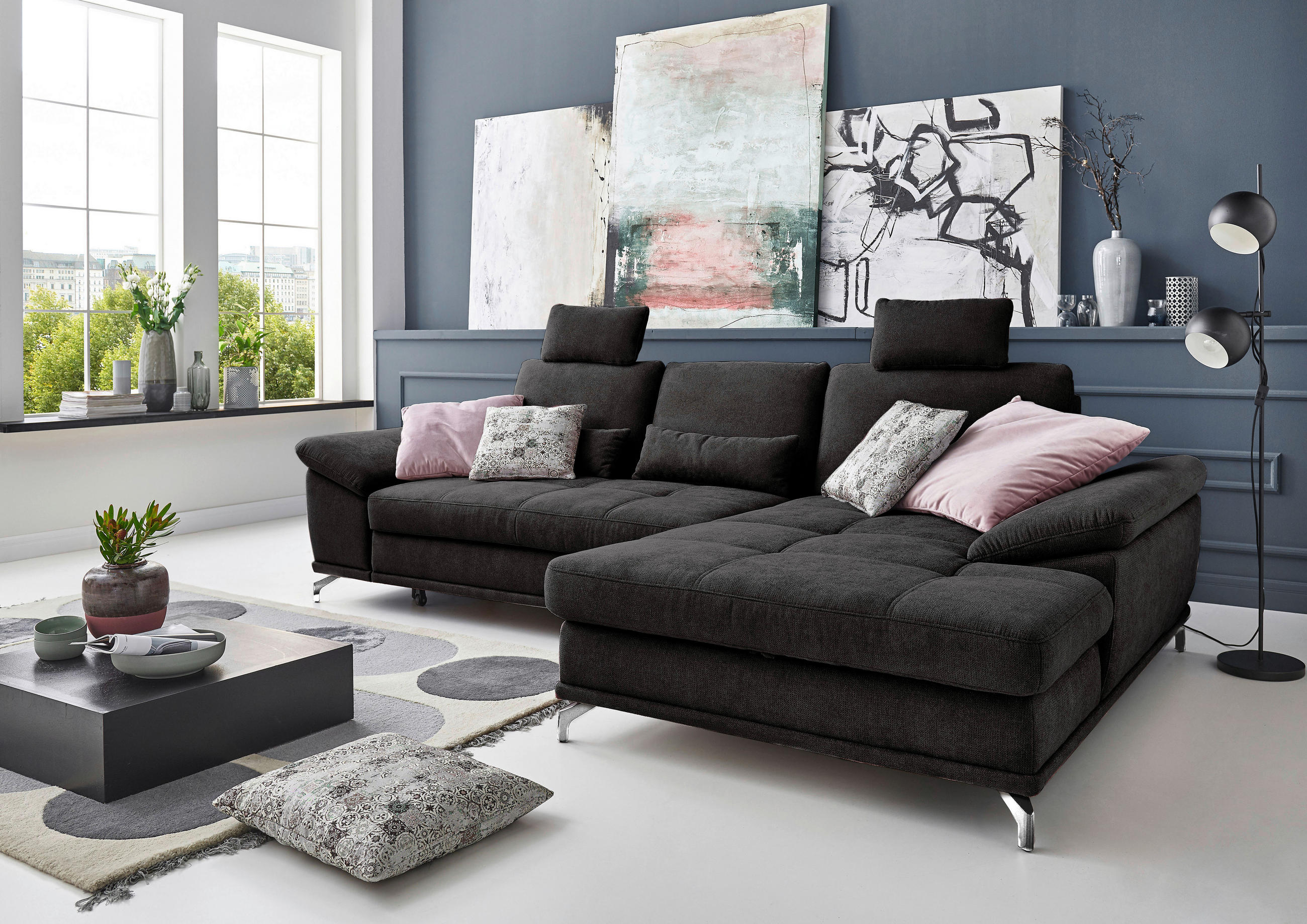 ECKSOFA Schwarz Flachgewebe Bettkasten, Schlaffunktion, Sitztiefenverstellung, Kopfstütze, Liegefläche im Originalstoff  - Silberfarben/Schwarz, KONVENTIONELL, Textil/Metall (301/176cm) - Sit & More