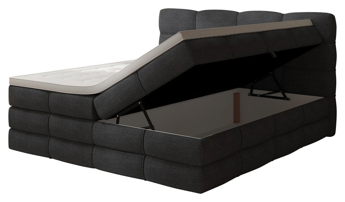 BOXSPRINGBETT 180/200 cm,  in Dunkelgrau, gepolstertes Kopfteil, Bettkasten, Topper, Matratzen, H3 + H3 = fest  - Dunkelgrau/Schwarz, Design, Kunststoff/Textil (180/200cm) - Chameo