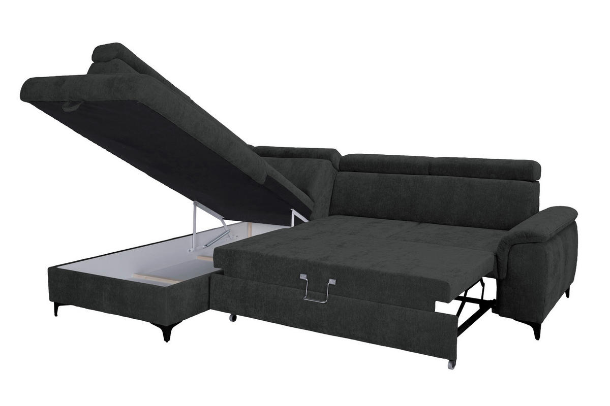 ECKSOFA Schwarz Chenille Bettkasten, Schlaffunktion, Rücken echt, Kopfteilverstellung, Liegefläche im Originalstoff  - Schwarz, KONVENTIONELL, Textil/Metall (206/265cm) - Carryhome
