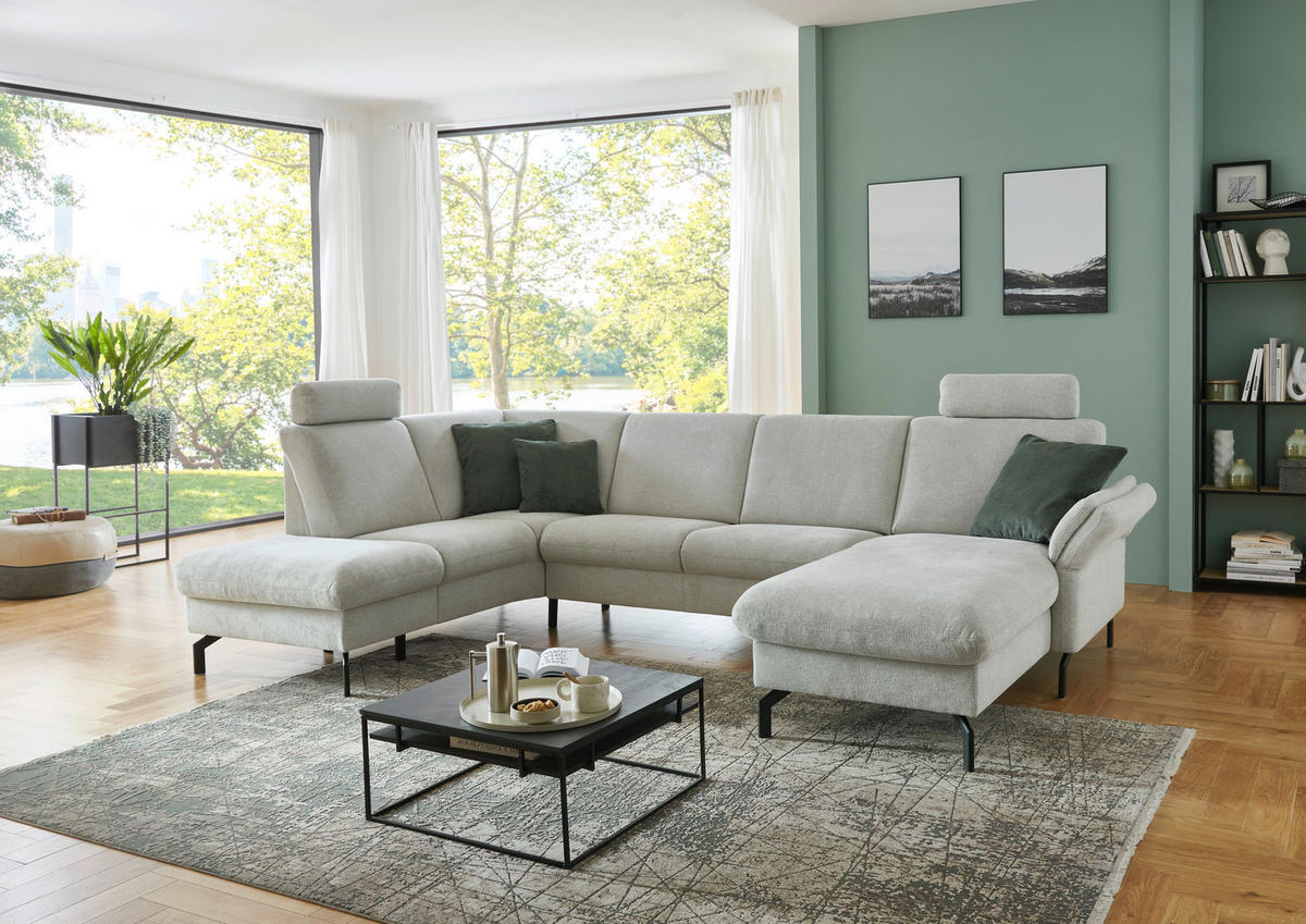 WOHNLANDSCHAFT Flachgewebe Ecru  - Ecru/Schwarz, Konventionell, Textil/Metall (190/307/170cm) - Beldomo Comfort