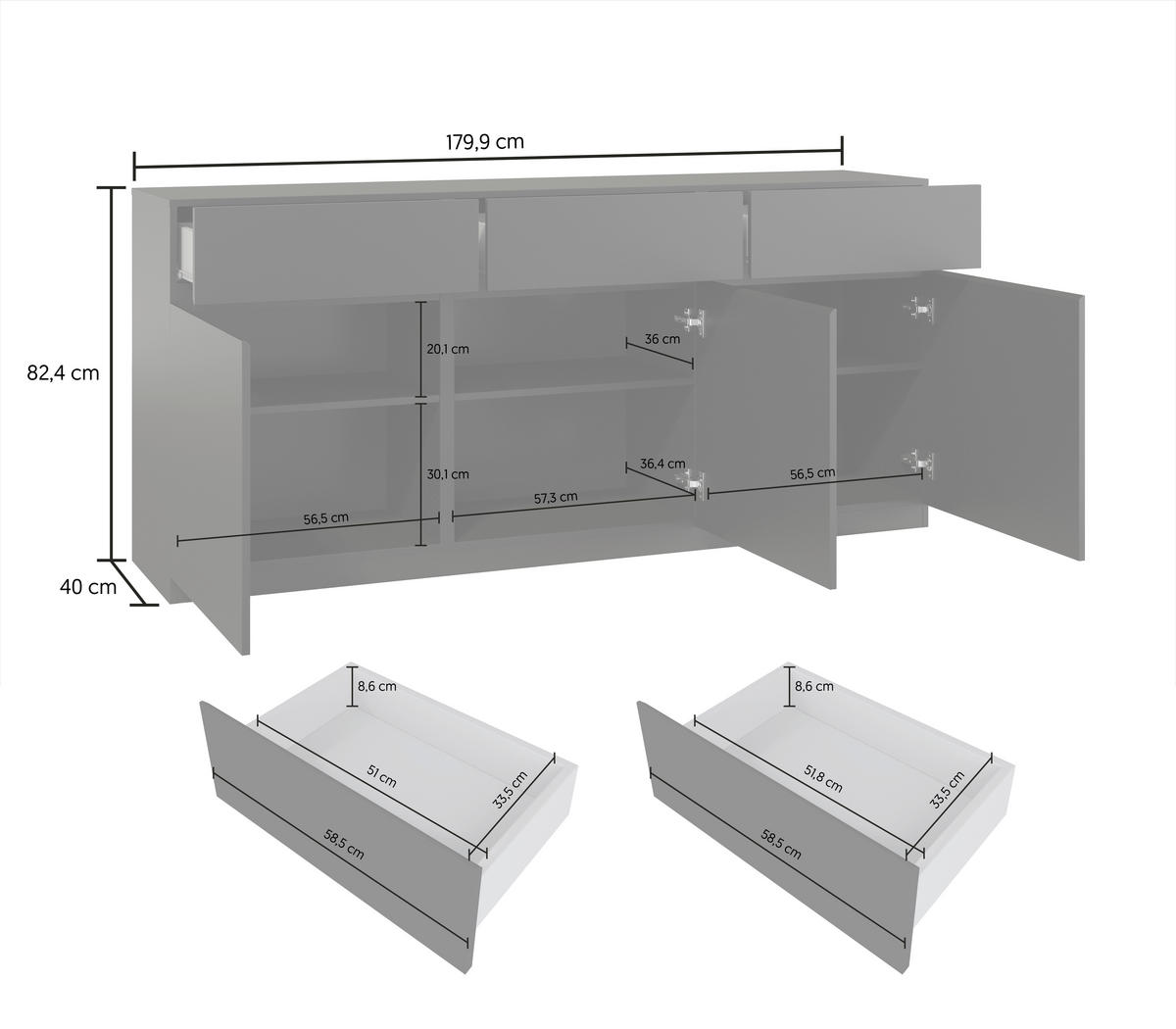 SIDEBOARD Bern 179,9/82,4/40 cm 3 Schublade(n)  - Schwarz, Design, Holzwerkstoff (179,9/82,4/40cm) - MID.YOU